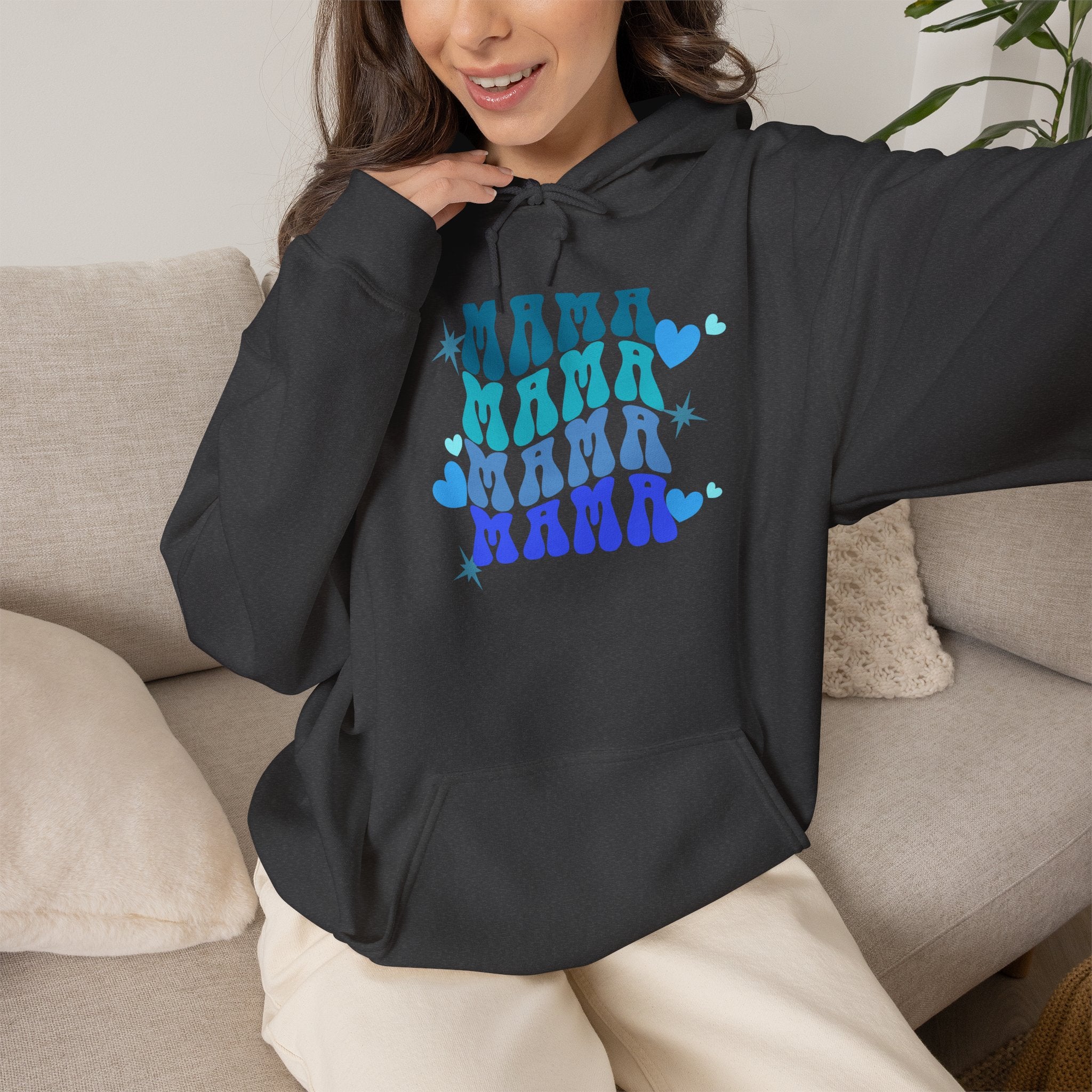 Mama Heart Crewneck Hoodie – Blue Gradient “MAMA” Graphic Sweatshirt