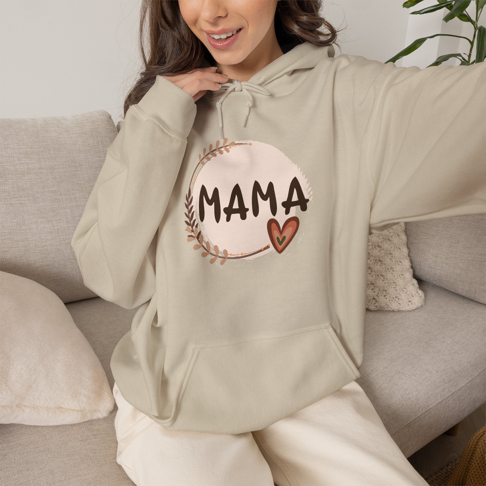 Mama Heart Hoodie — Soft Neutral Mom Sweatshirt, 'MAMA' Script with Heart & Wreath (Mother’s Day Gift)