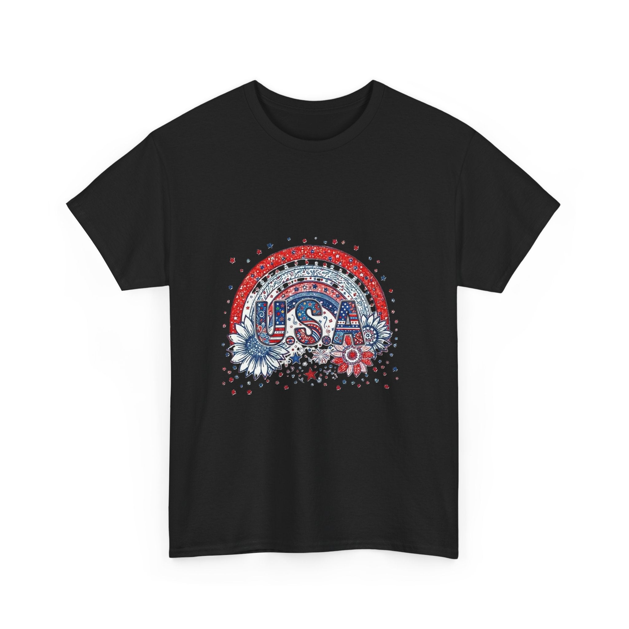 USA Retro Rainbow T-Shirt — Patriotic Fourth of July Tee with Stars & Flowers