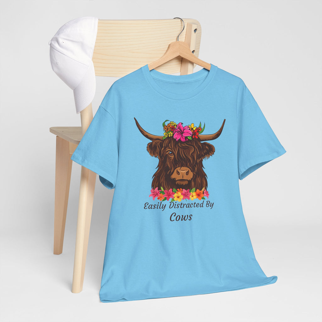 Highland Cow Floral Tee — "Easily Distracted by Cows" Cute Cow Graphic T-Shirt