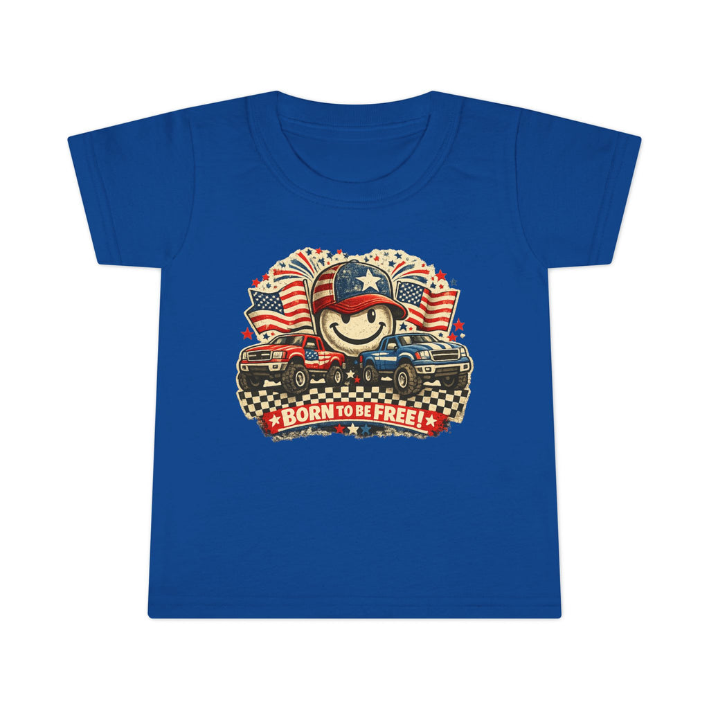 Toddler T‑Shirt — "Born to Be Free" Patriotic Trucks Graphic