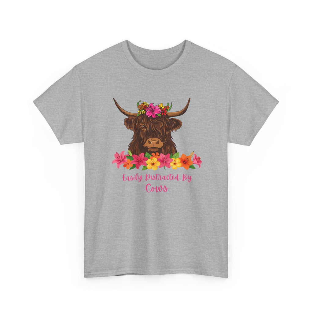 Cow Mom Floral Tee — 'Easily Distracted By Cows' Highland Cow Graphic Shirt
