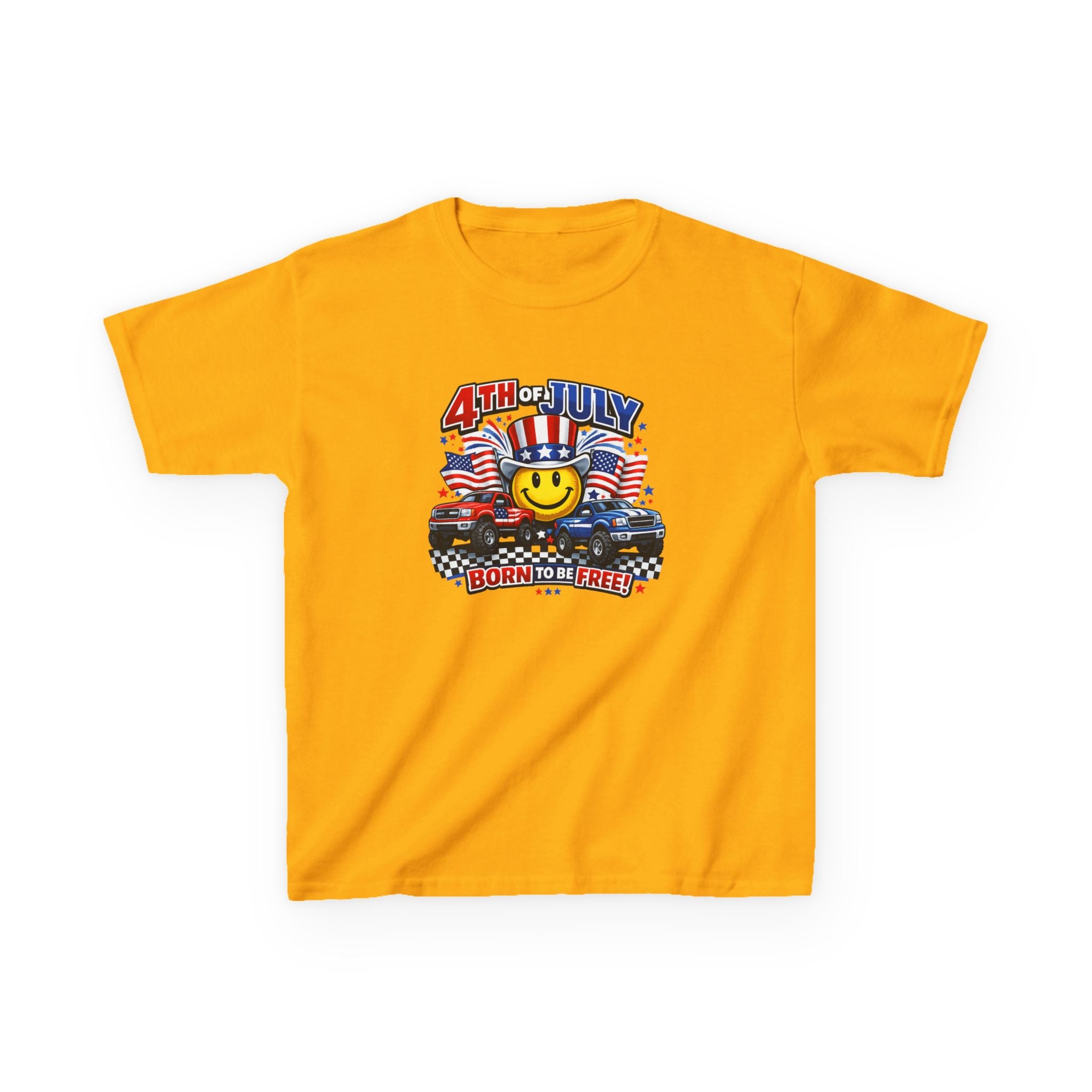 Kids Tee — 4th of July 'Born to Be Free' Smiley Flag Design