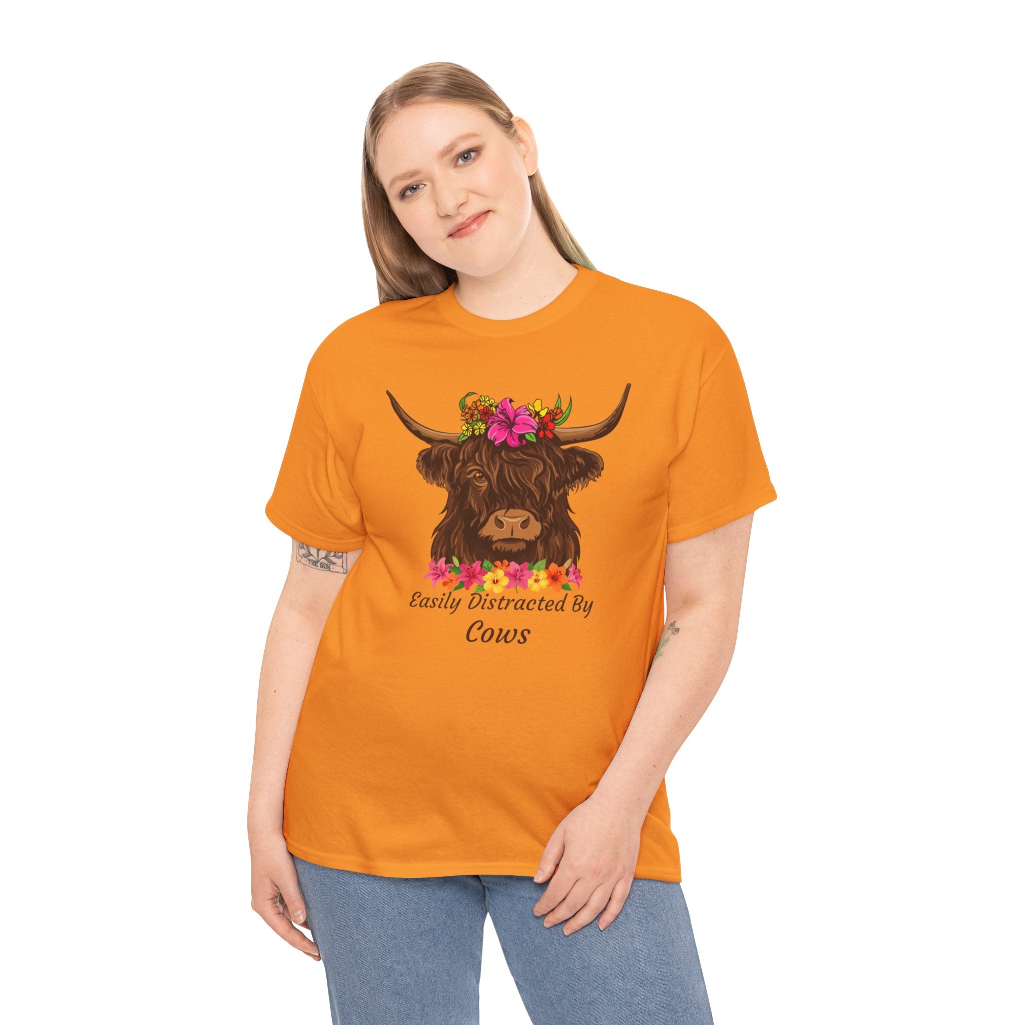 Highland Cow Floral Tee — "Easily Distracted by Cows" Cute Cow Graphic T-Shirt