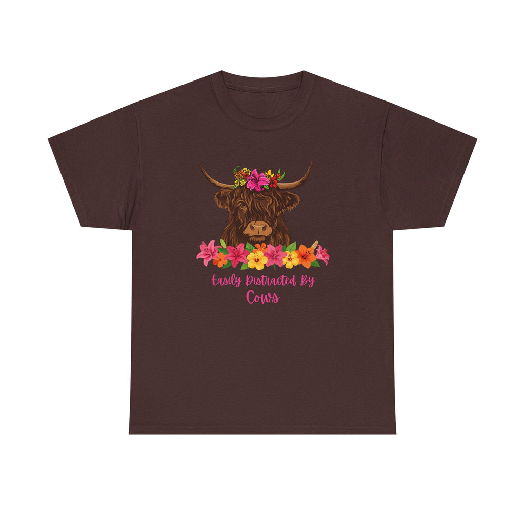 Cow Mom Floral Tee — 'Easily Distracted By Cows' Highland Cow Graphic Shirt
