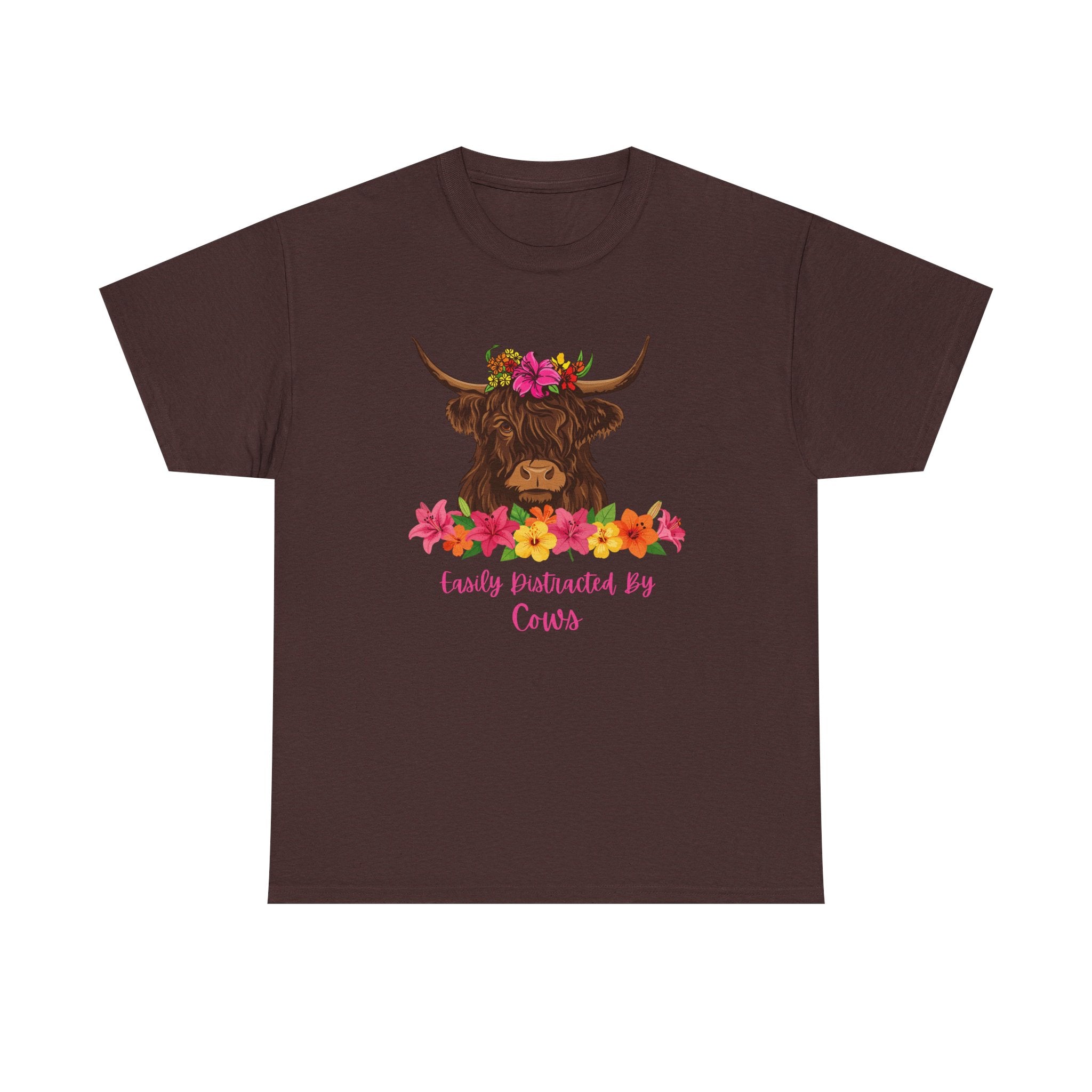 Cow Mom Floral Tee — 'Easily Distracted By Cows' Highland Cow Graphic Shirt