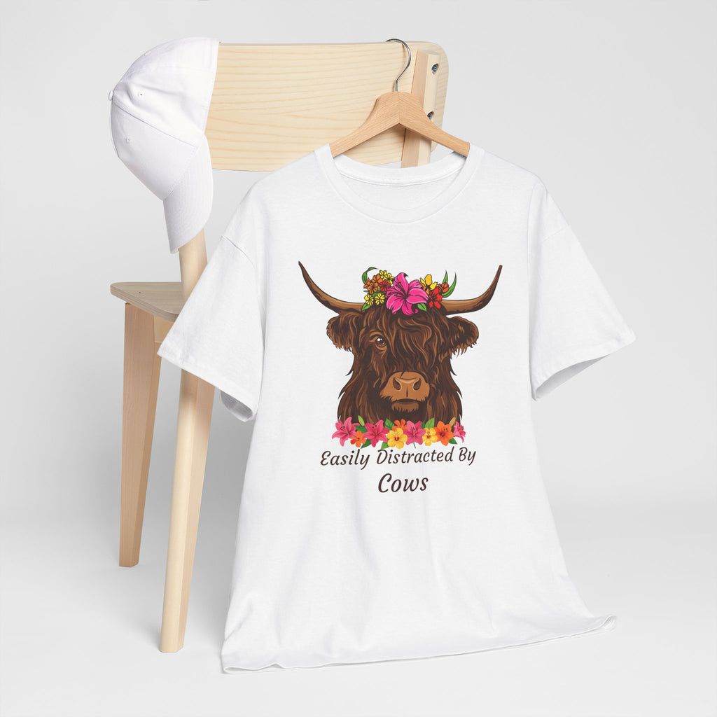 Highland Cow Floral Tee — "Easily Distracted by Cows" Cute Cow Graphic T-Shirt
