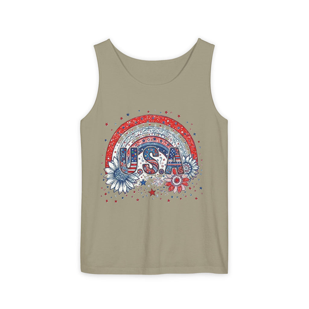 USA Rainbow Floral Tank Top — Patriotic 4th of July Sleeveless Tee