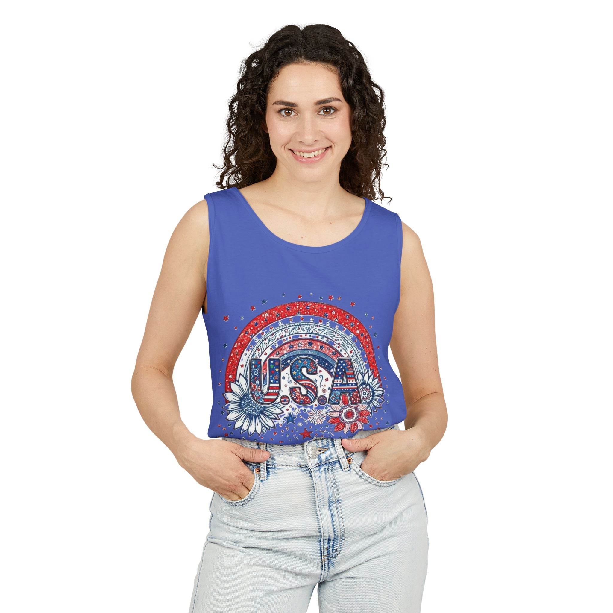 USA Rainbow Floral Tank Top — Patriotic 4th of July Sleeveless Tee