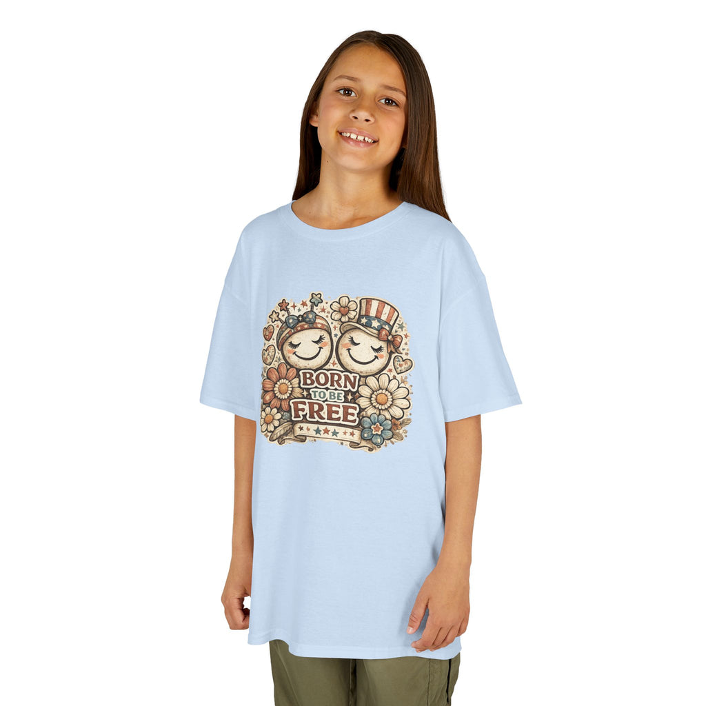 Kids T-Shirt – 'Born Free' Retro Smiley Flower Graphic