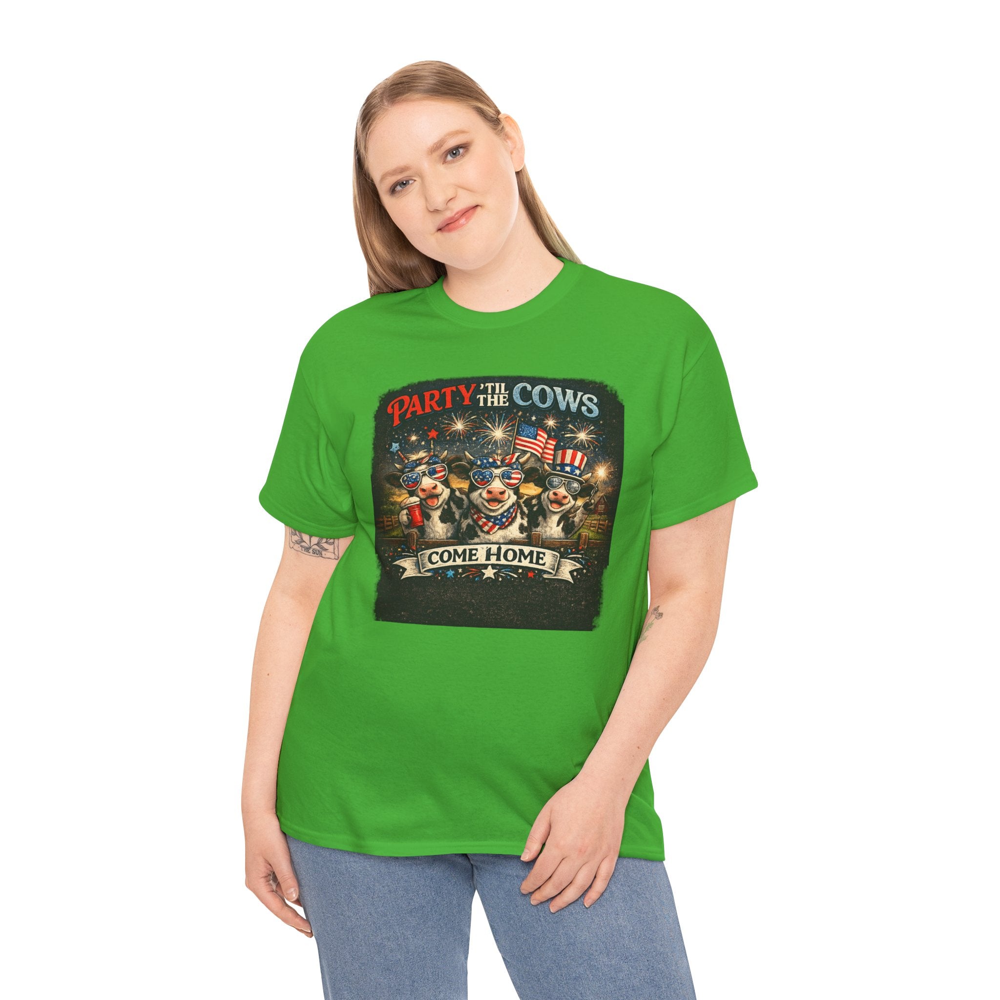 Independence Day 'Party 'Til the Cows Come Home' T-Shirt — Fireworks & Cow Graphic