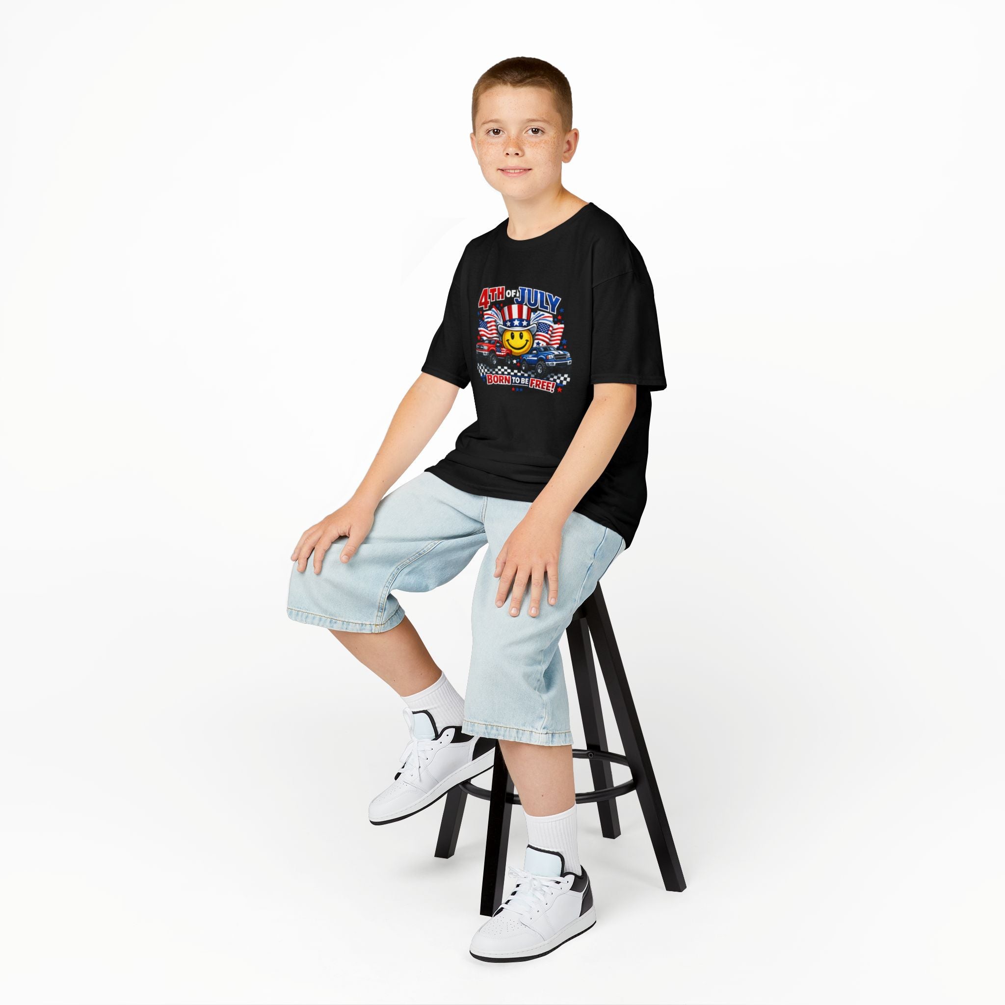 Kids Tee — 4th of July 'Born to Be Free' Smiley Flag Design
