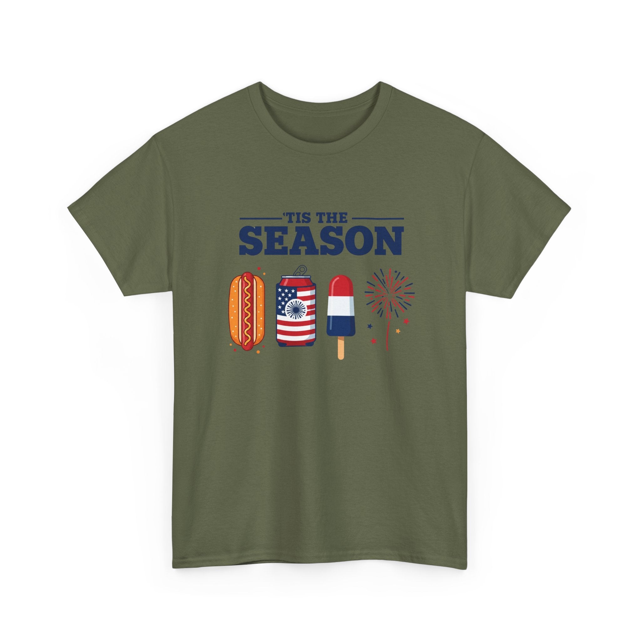 Fourth of July Tee — "'Tis the Season" Patriotic Hot Dog, Popsicle & Fireworks T-Shirt