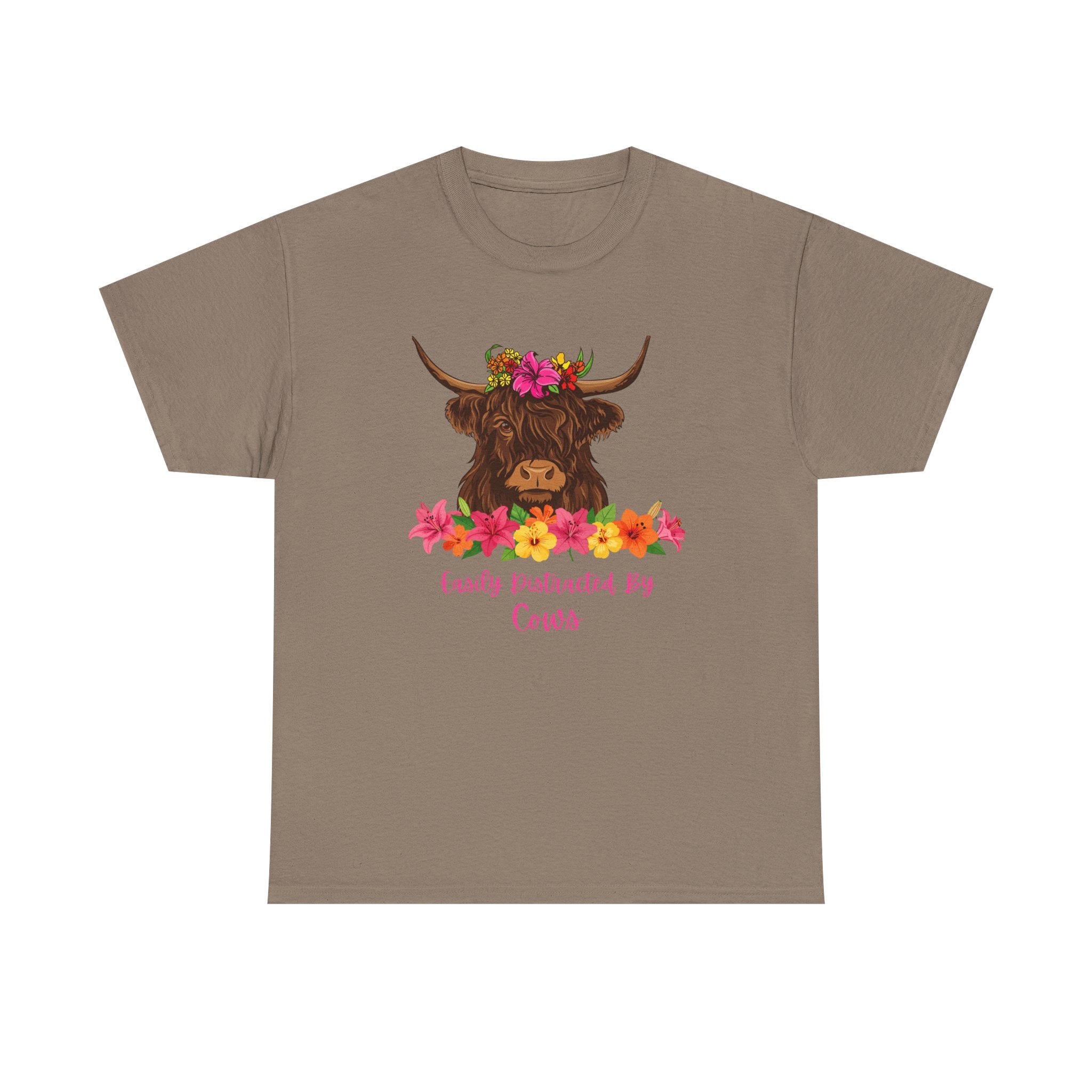 Cow Mom Floral Tee — 'Easily Distracted By Cows' Highland Cow Graphic Shirt