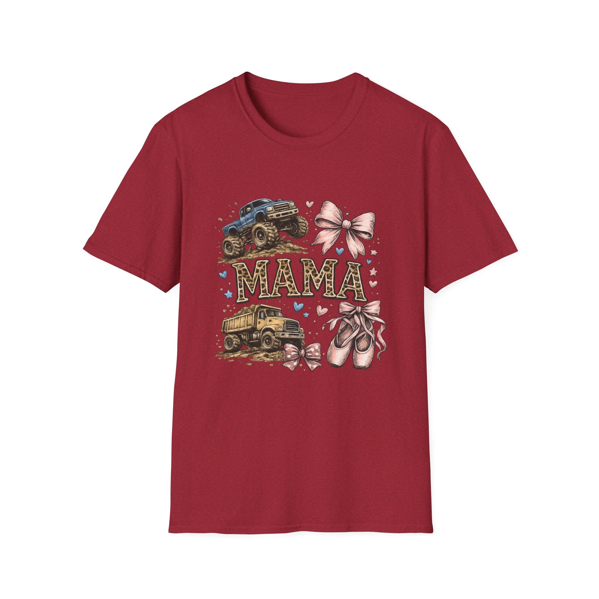Mama Jeep & Ballet Shoes T-Shirt — 'MAMA' Graphic Tee with Trucks, Bows & Ballet Slippers