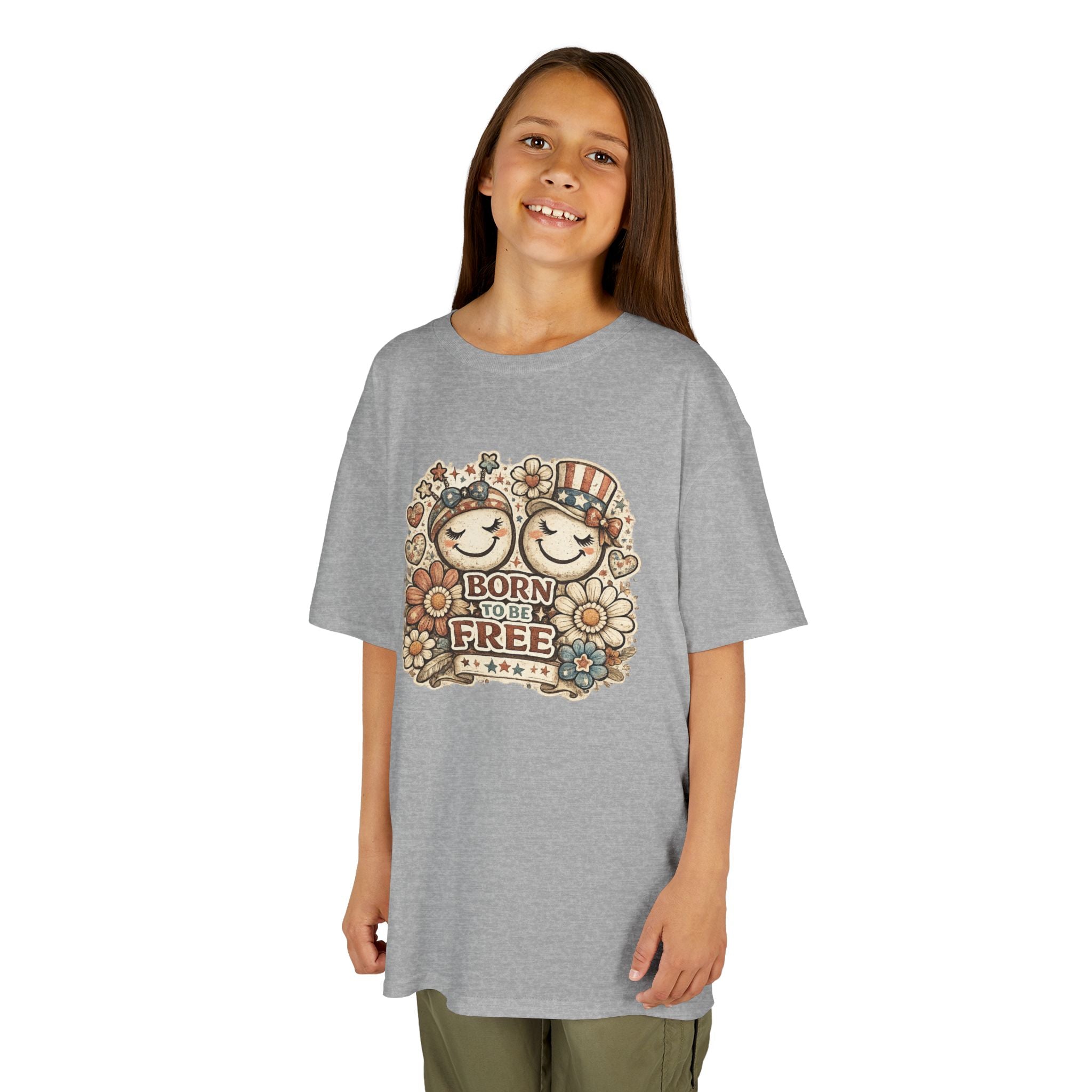 Kids T-Shirt – 'Born Free' Retro Smiley Flower Graphic