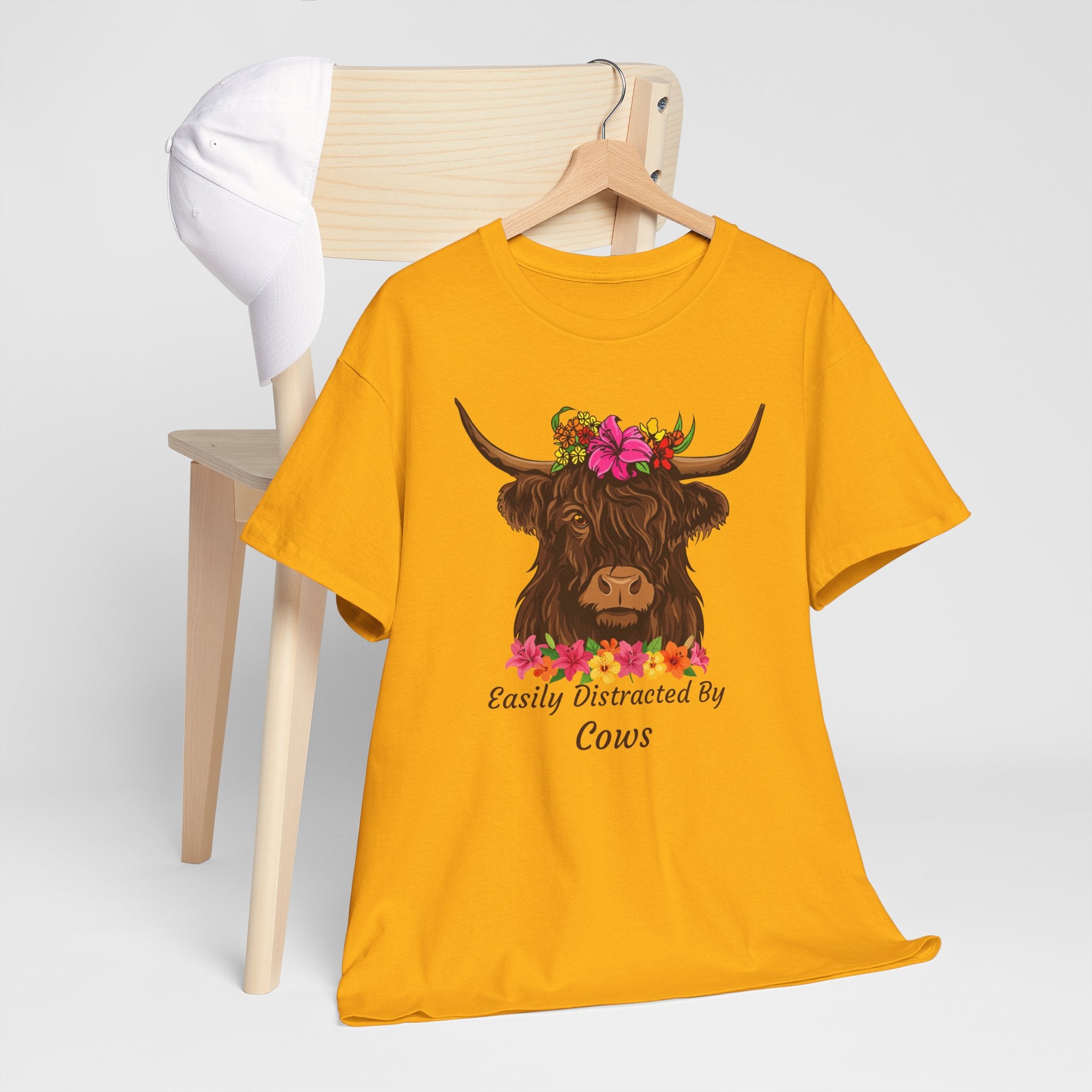 Highland Cow Floral Tee — "Easily Distracted by Cows" Cute Cow Graphic T-Shirt