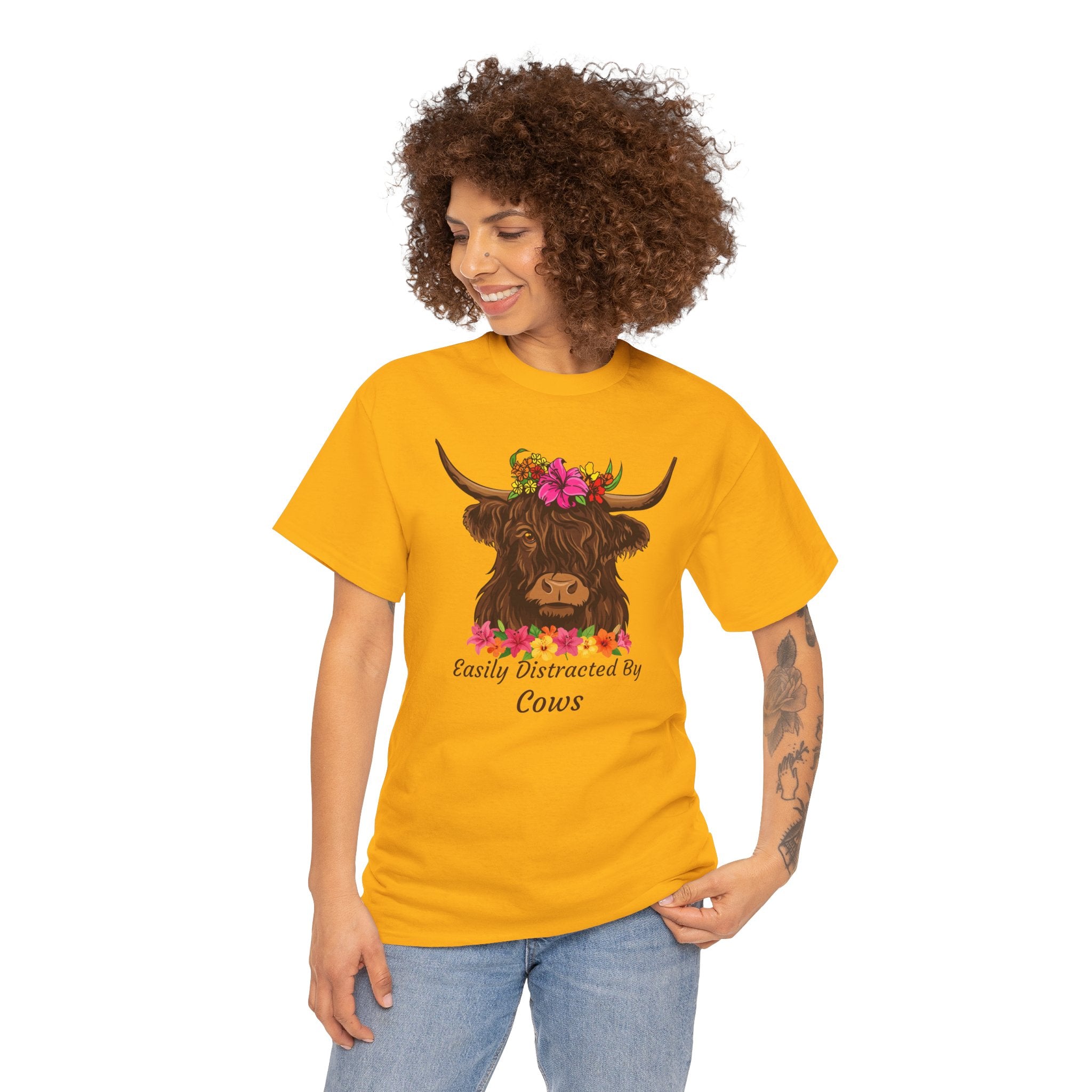 Highland Cow Floral Tee — "Easily Distracted by Cows" Cute Cow Graphic T-Shirt