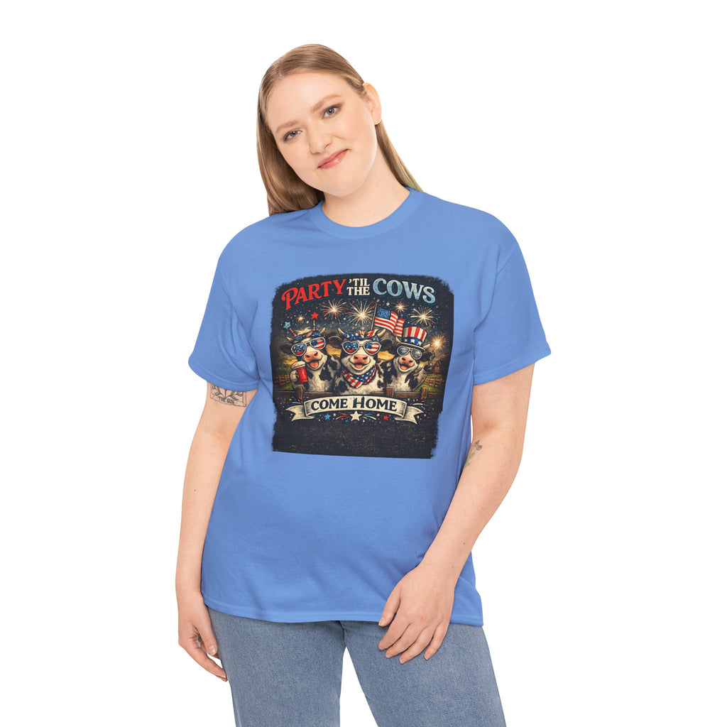 Independence Day 'Party 'Til the Cows Come Home' T-Shirt — Fireworks & Cow Graphic