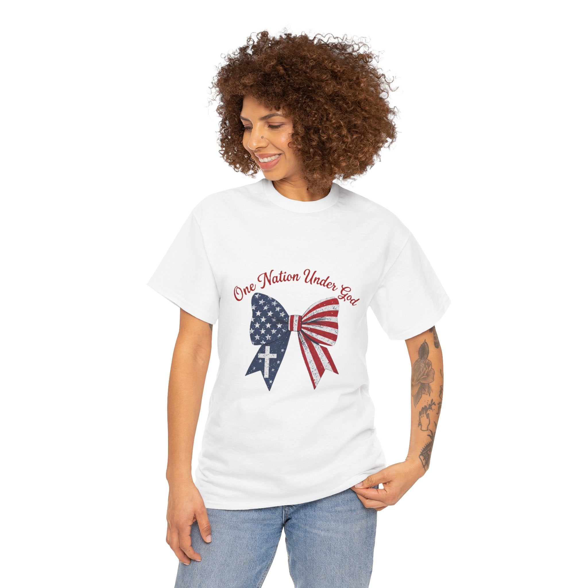 Patriotic Bow Tee — "One Nation Under God" American Flag Cross T-Shirt