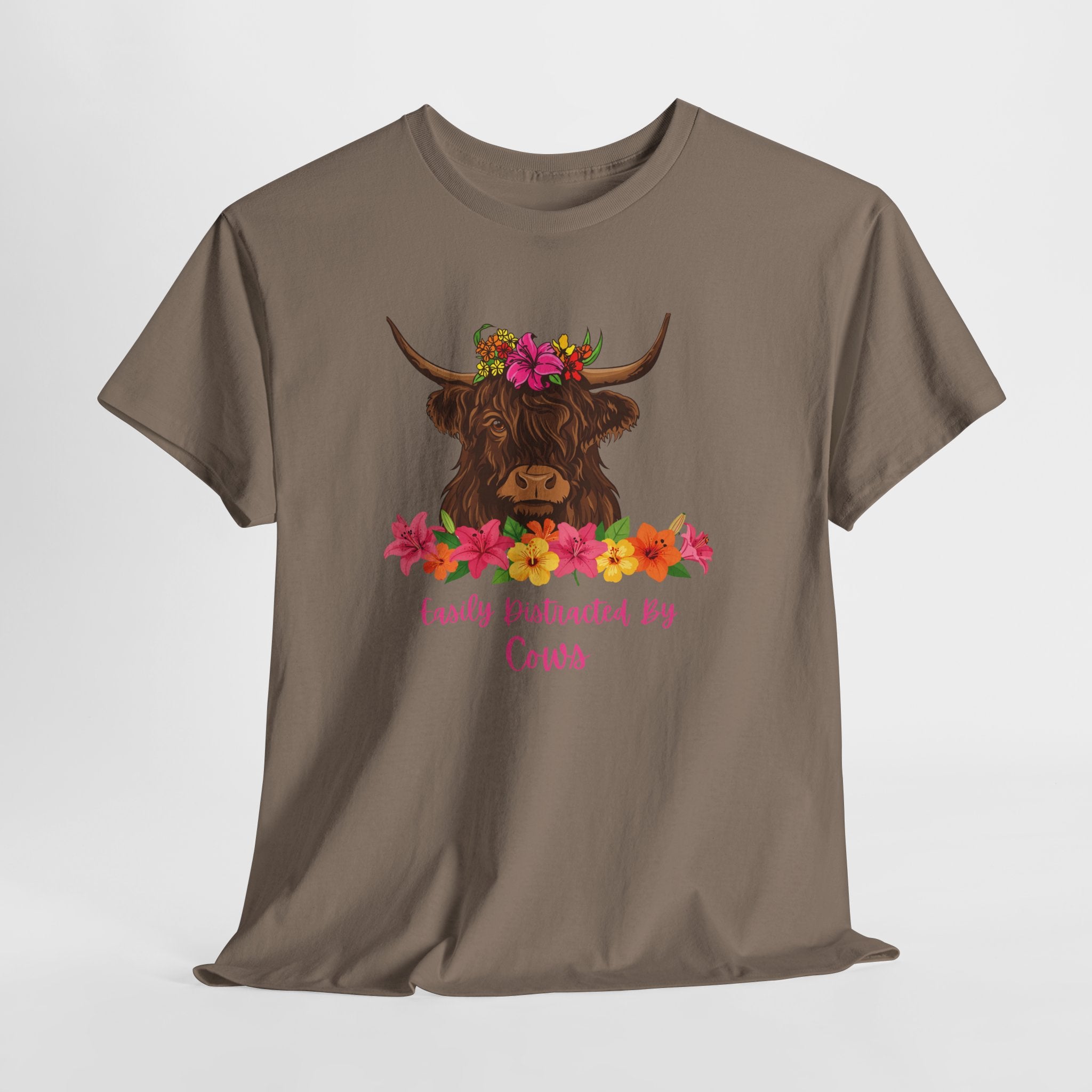 Cow Mom Floral Tee — 'Easily Distracted By Cows' Highland Cow Graphic Shirt