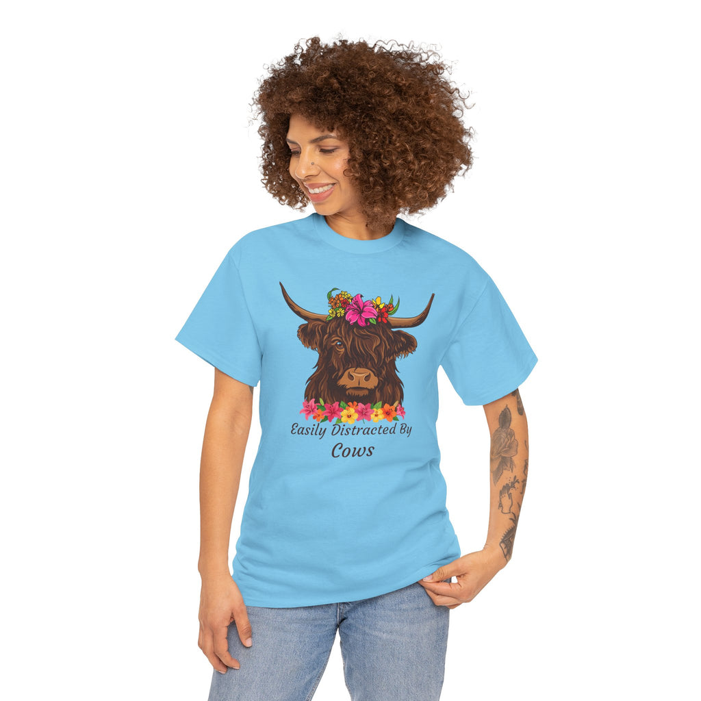 Highland Cow Floral Tee — "Easily Distracted by Cows" Cute Cow Graphic T-Shirt