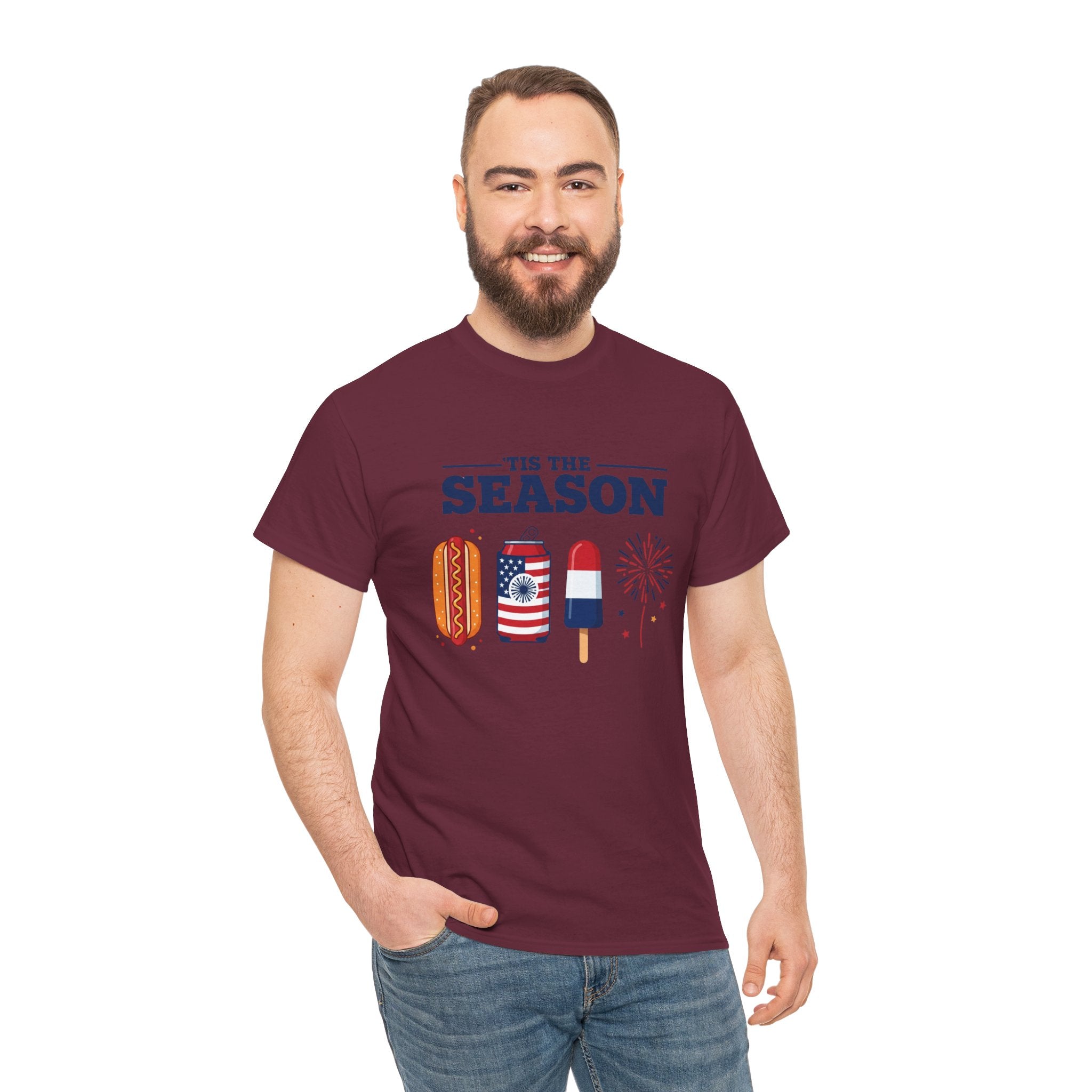 Fourth of July Tee — "'Tis the Season" Patriotic Hot Dog, Popsicle & Fireworks T-Shirt