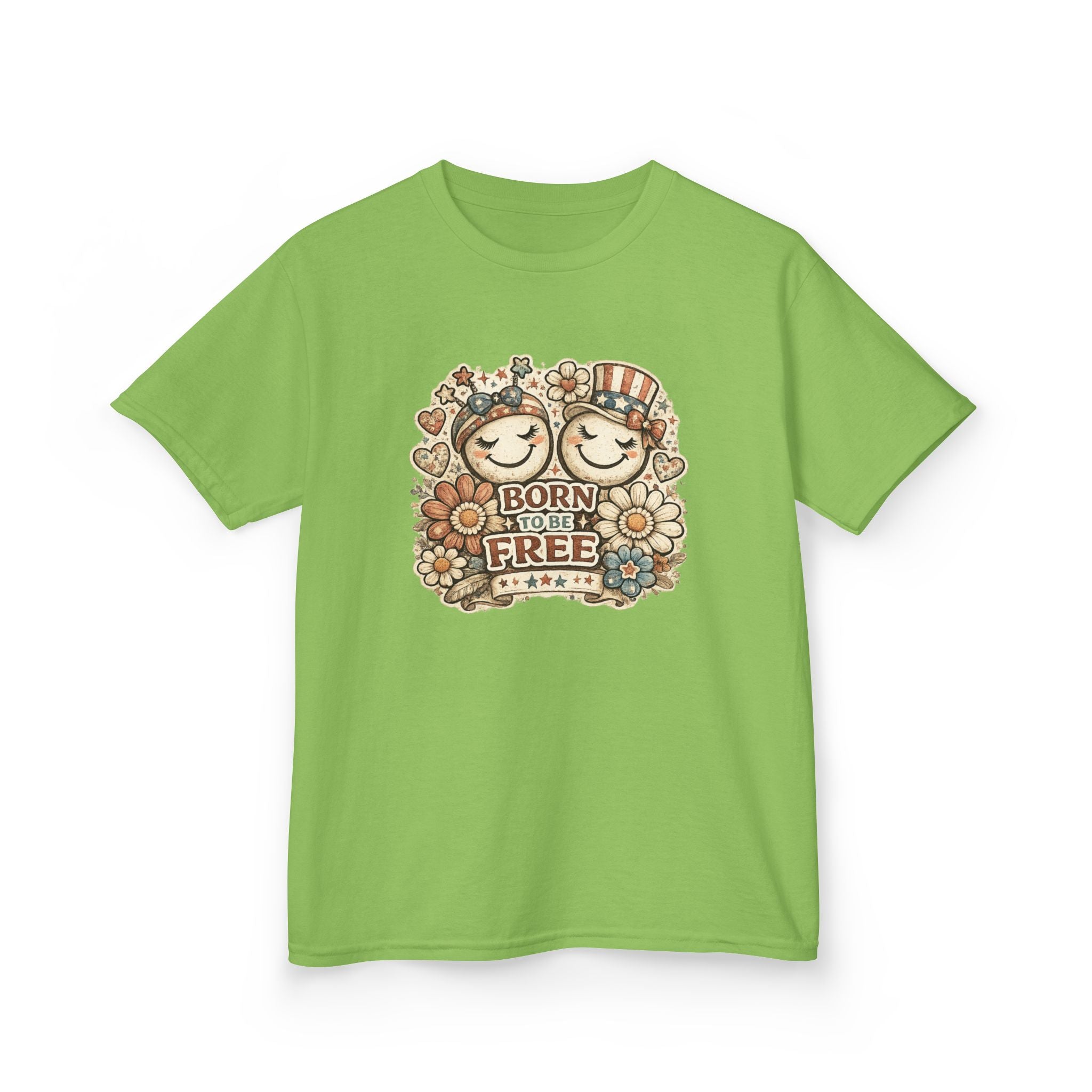 Kids T-Shirt – 'Born Free' Retro Smiley Flower Graphic
