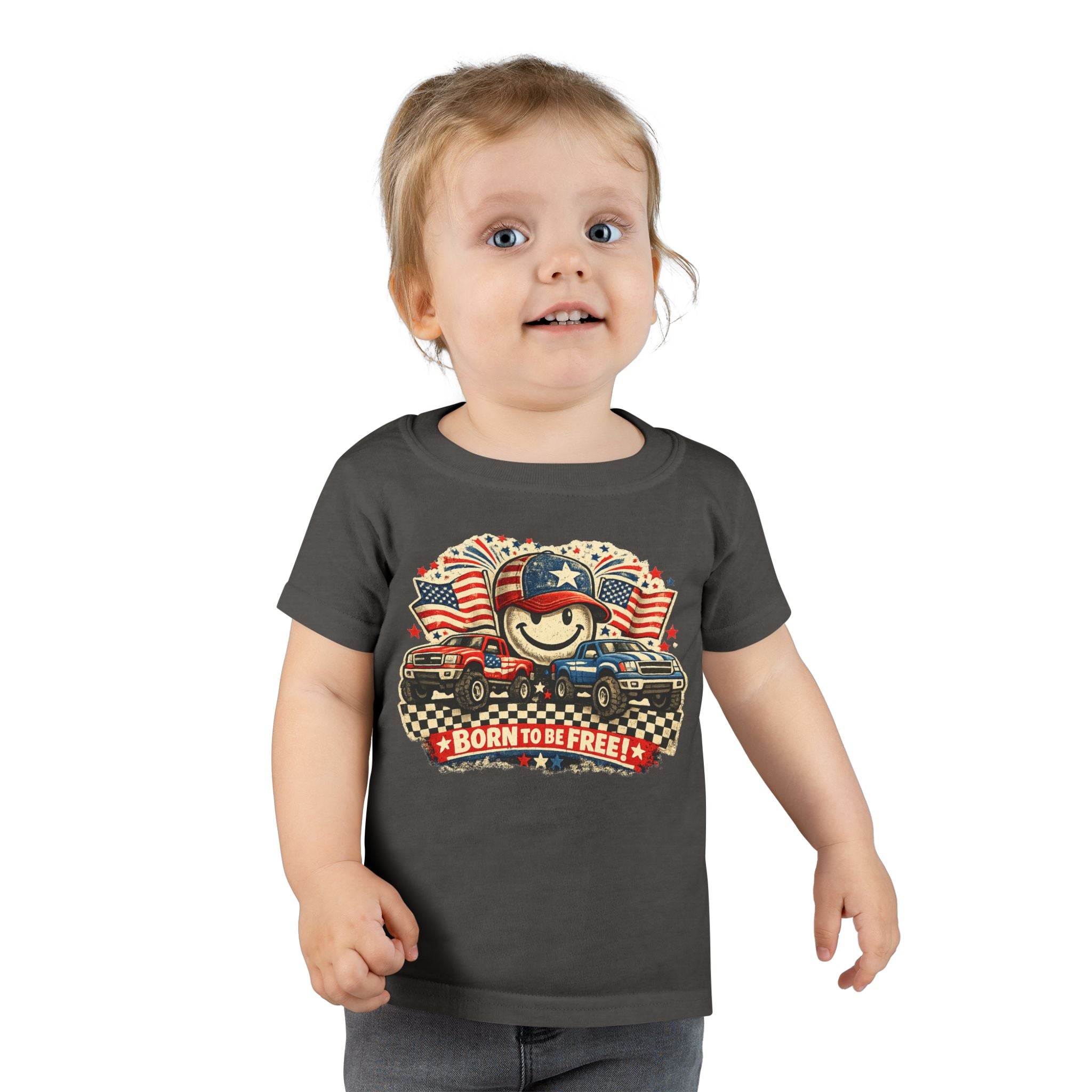 Toddler T‑Shirt — "Born to Be Free" Patriotic Trucks Graphic