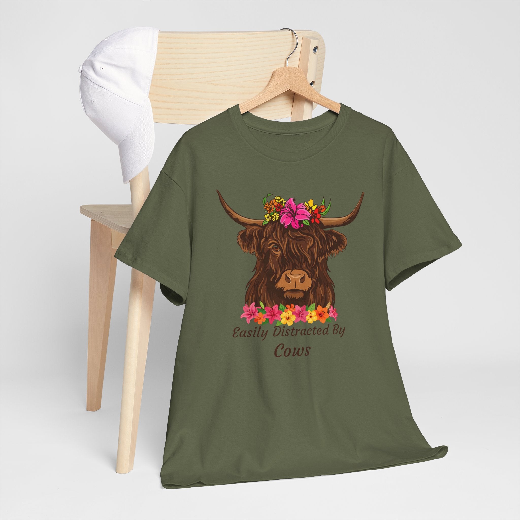 Highland Cow Floral Tee — "Easily Distracted by Cows" Cute Cow Graphic T-Shirt