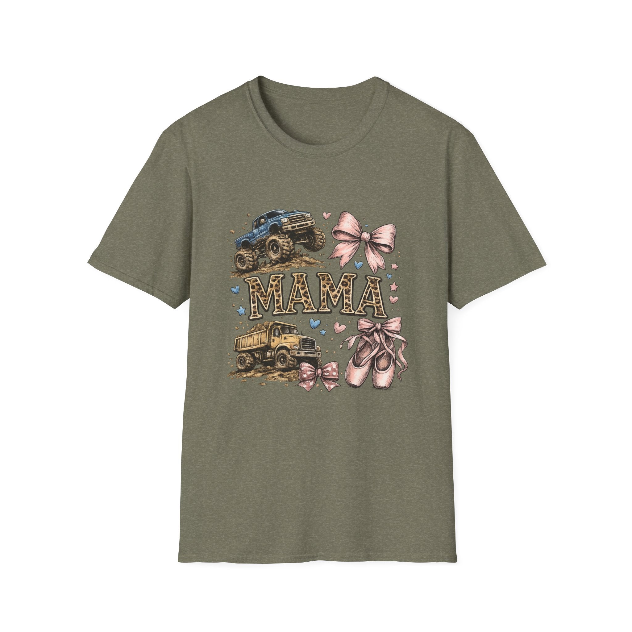 Mama Jeep & Ballet Shoes T-Shirt — 'MAMA' Graphic Tee with Trucks, Bows & Ballet Slippers