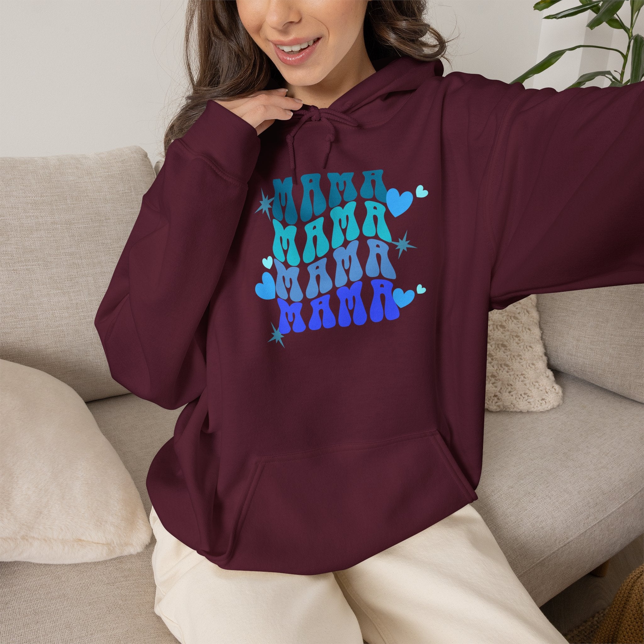Mama Heart Crewneck Hoodie – Blue Gradient “MAMA” Graphic Sweatshirt