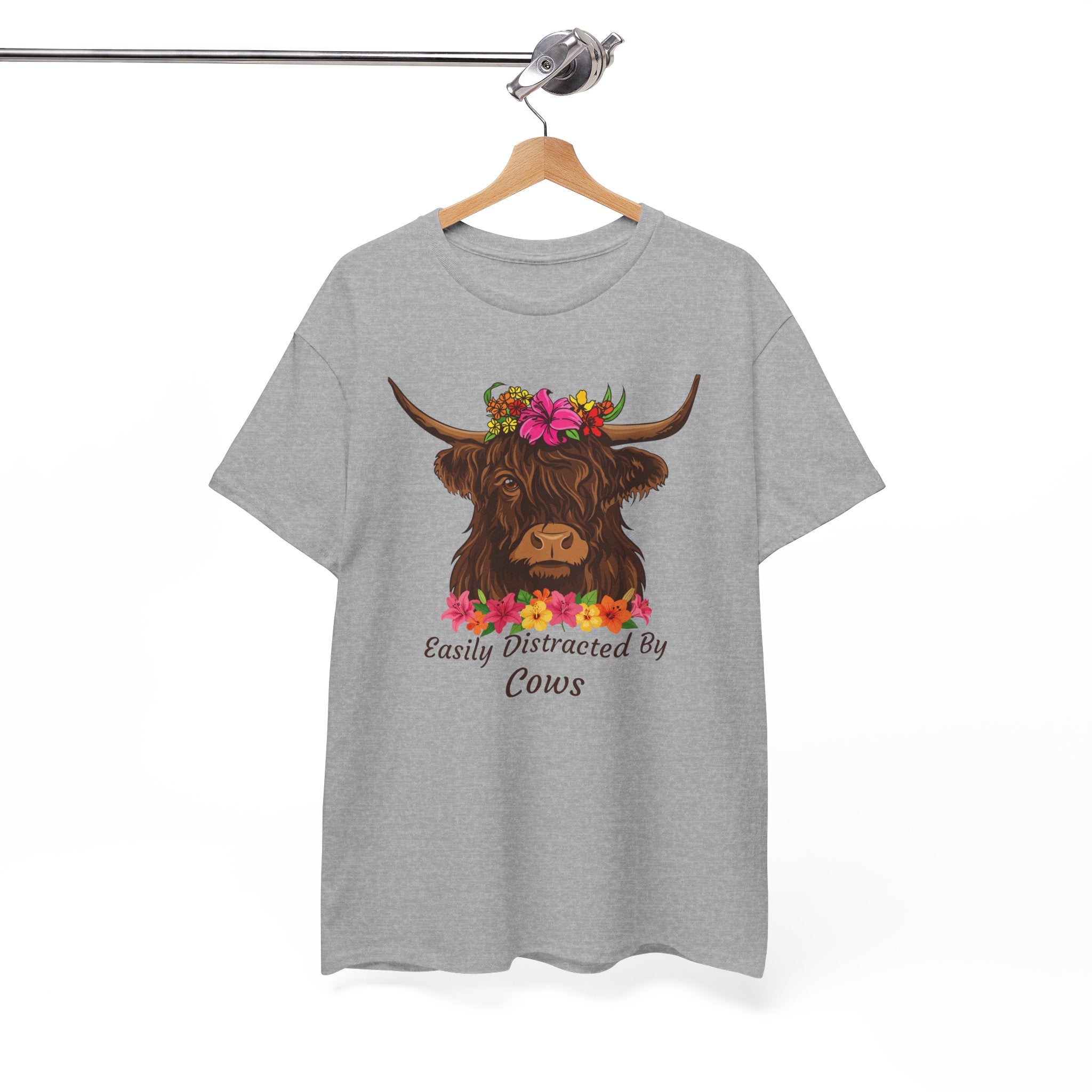 Highland Cow Floral Tee — "Easily Distracted by Cows" Cute Cow Graphic T-Shirt