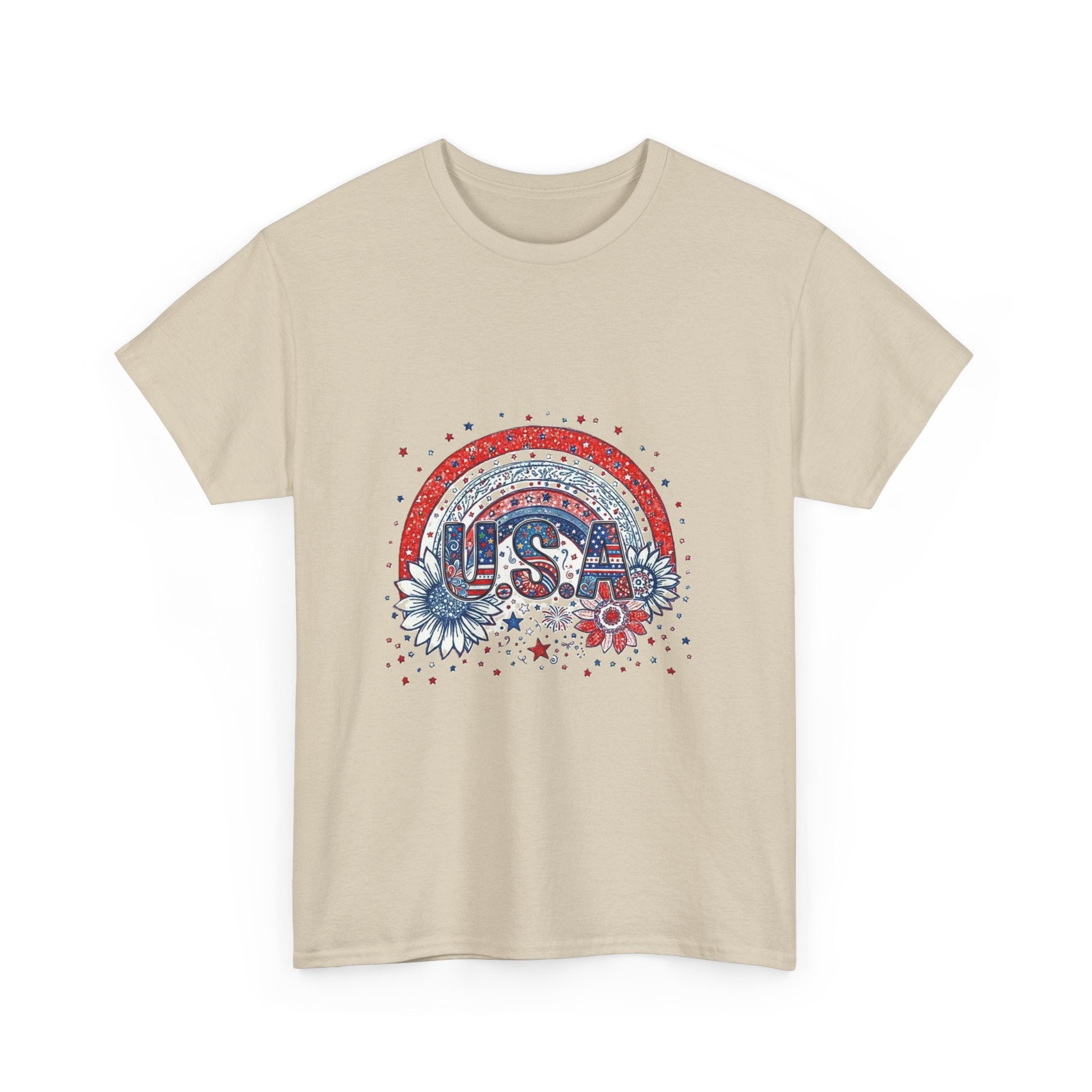USA Retro Rainbow T-Shirt — Patriotic Fourth of July Tee with Stars & Flowers