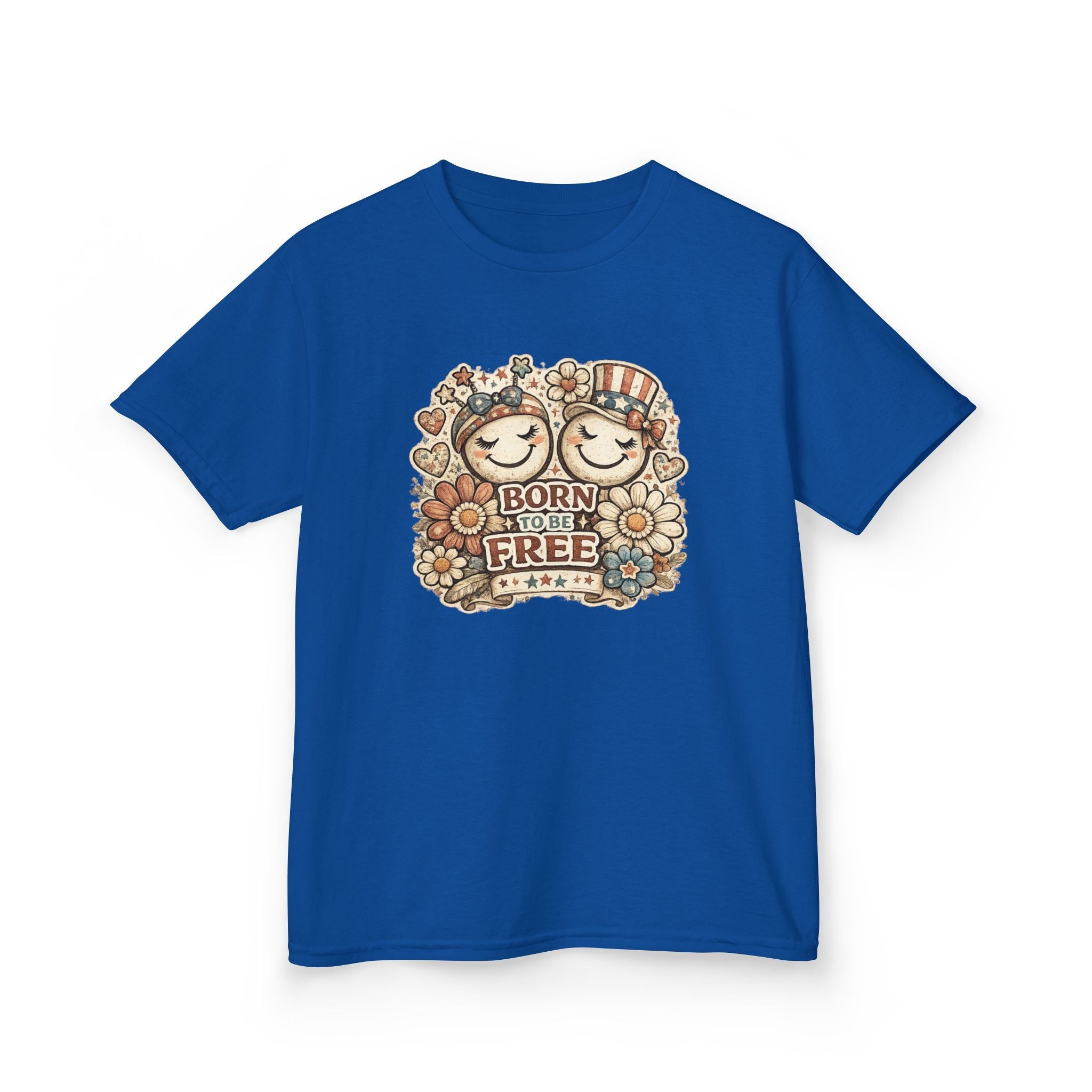 Kids T-Shirt – 'Born Free' Retro Smiley Flower Graphic