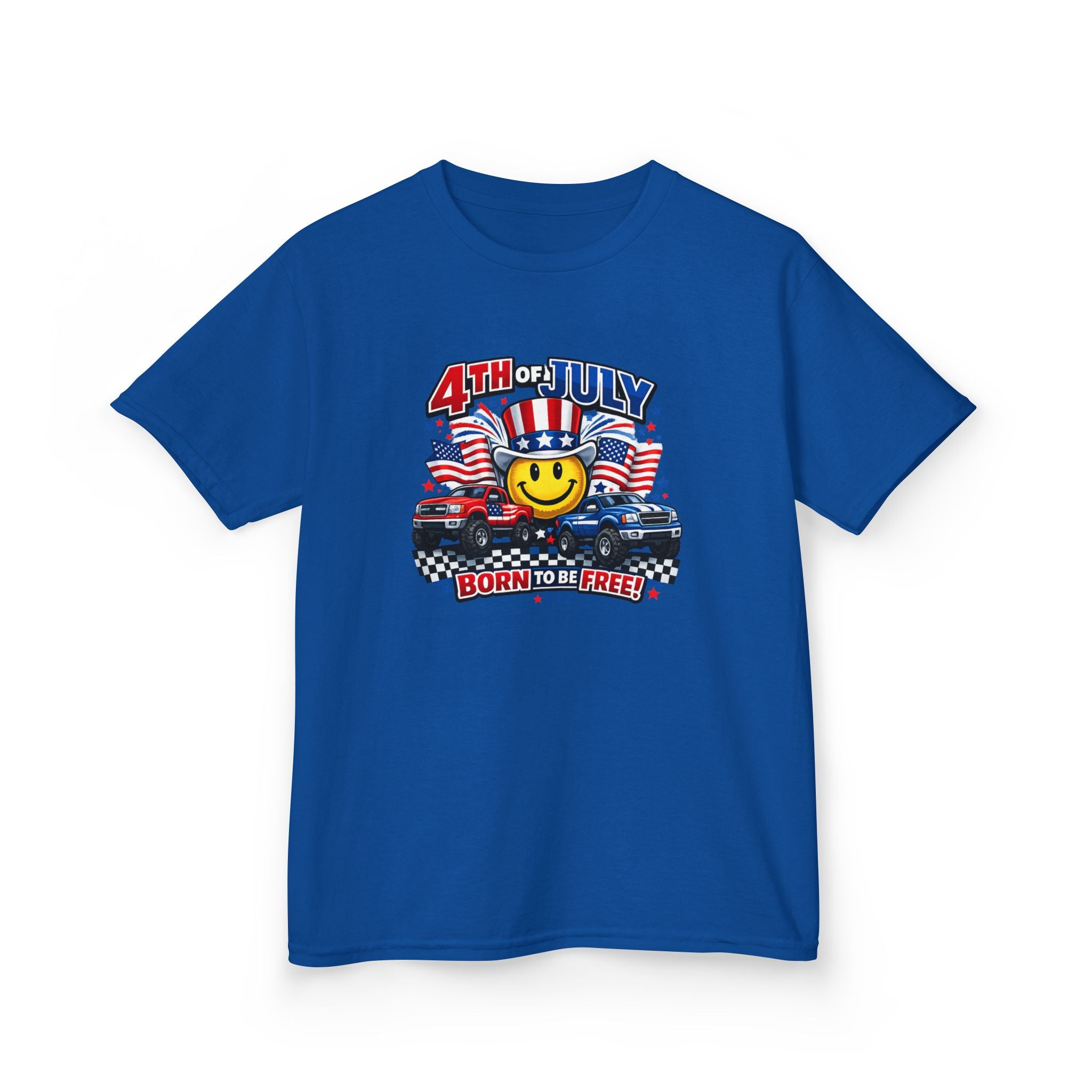 Kids Tee — 4th of July 'Born to Be Free' Smiley Flag Design