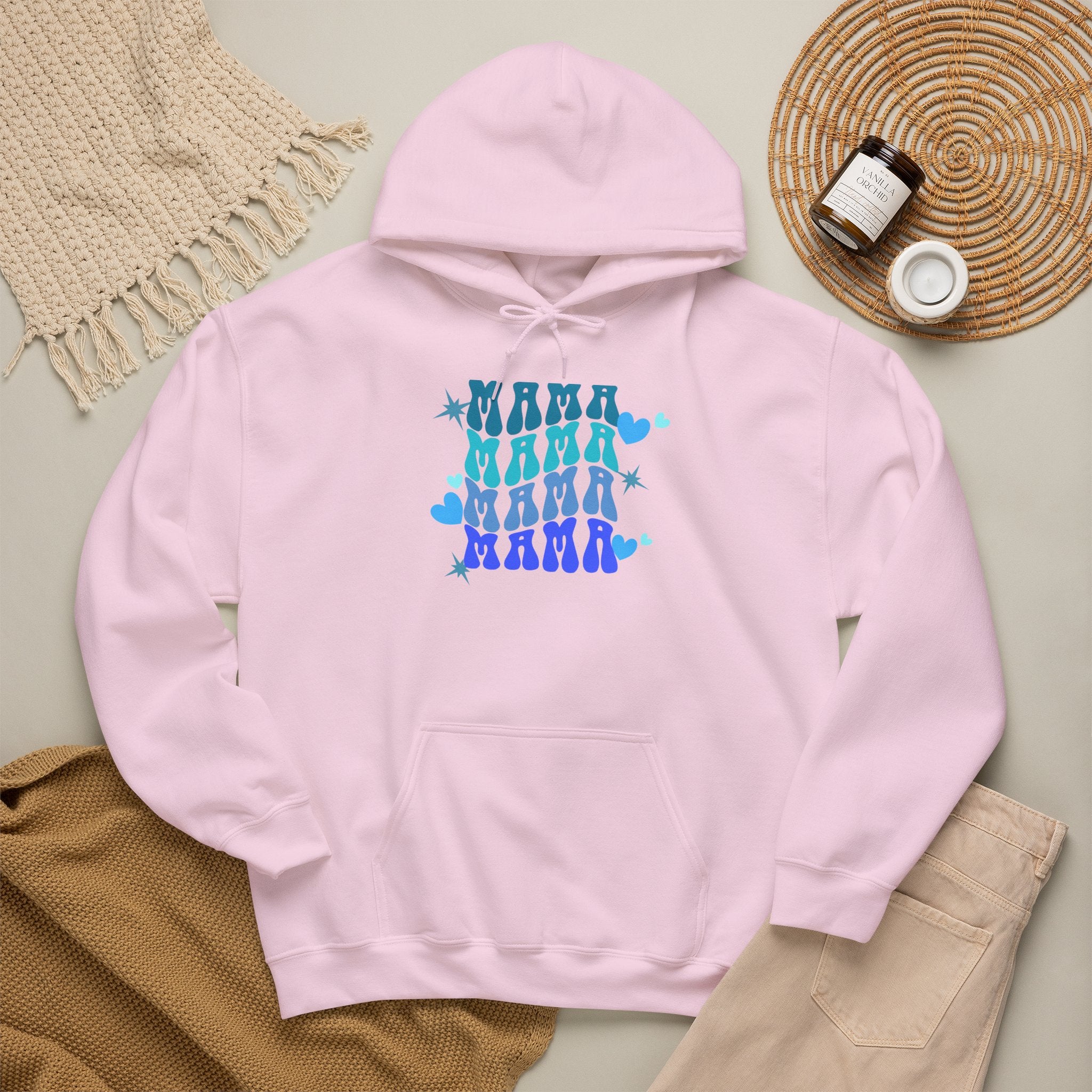 Mama Heart Crewneck Hoodie – Blue Gradient “MAMA” Graphic Sweatshirt