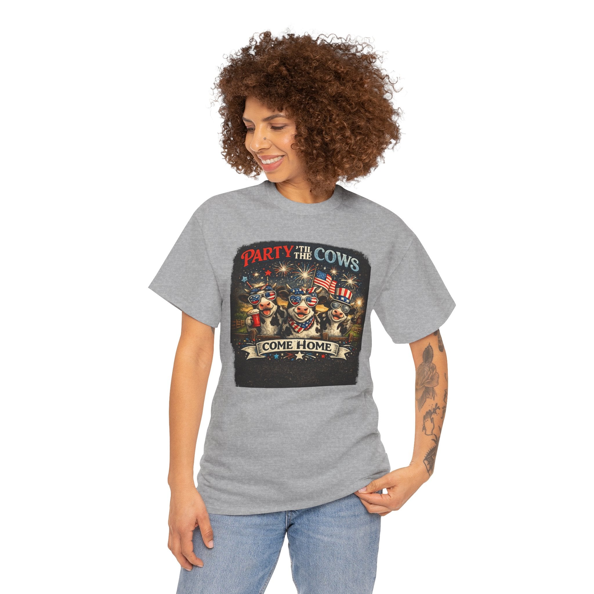 Independence Day 'Party 'Til the Cows Come Home' T-Shirt — Fireworks & Cow Graphic