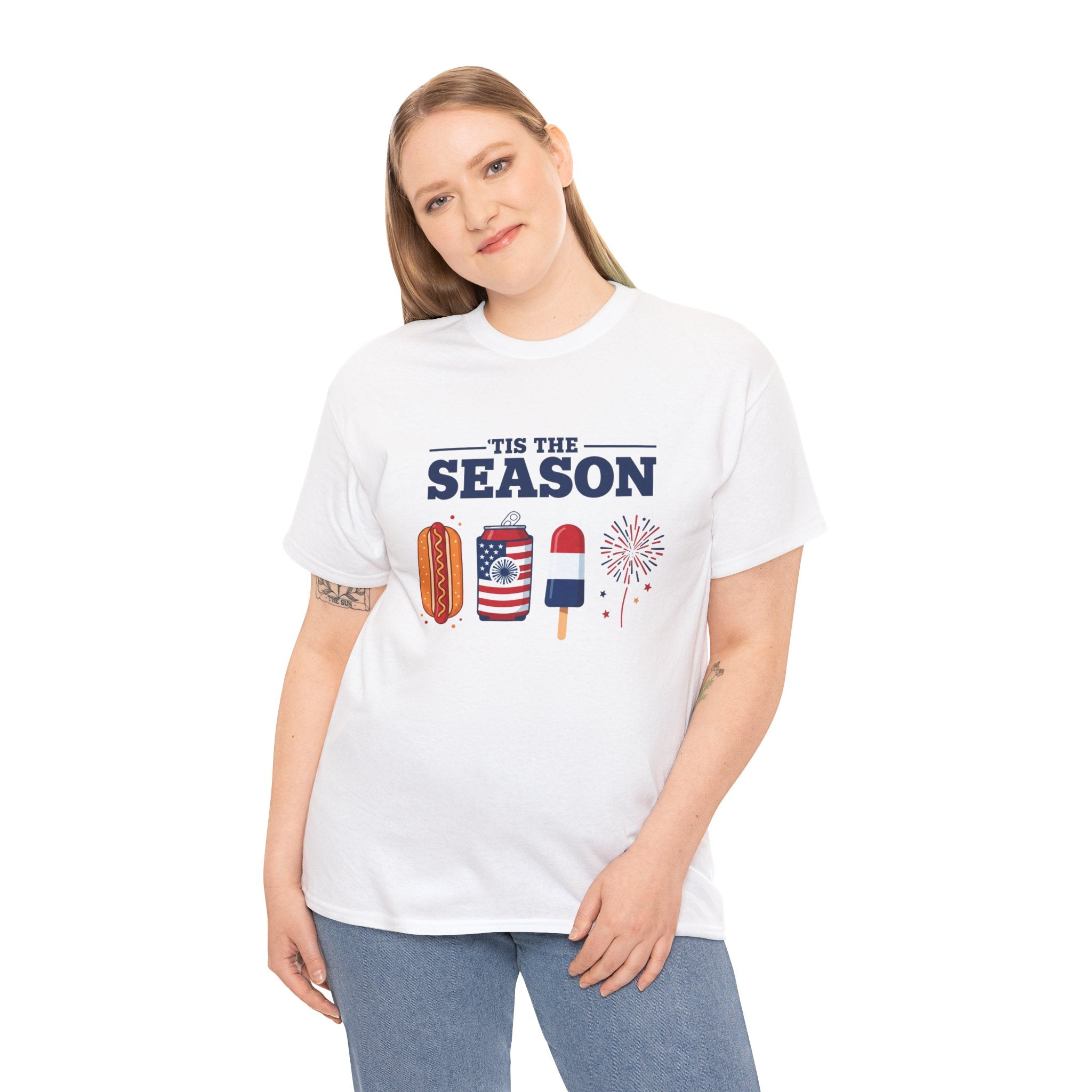 Fourth of July Tee — "'Tis the Season" Patriotic Hot Dog, Popsicle & Fireworks T-Shirt