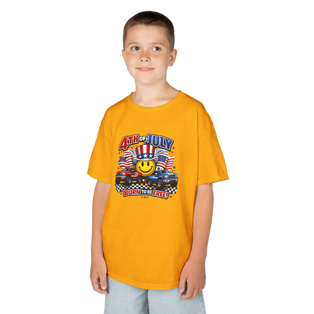 Kids Tee — 4th of July 'Born to Be Free' Smiley Flag Design