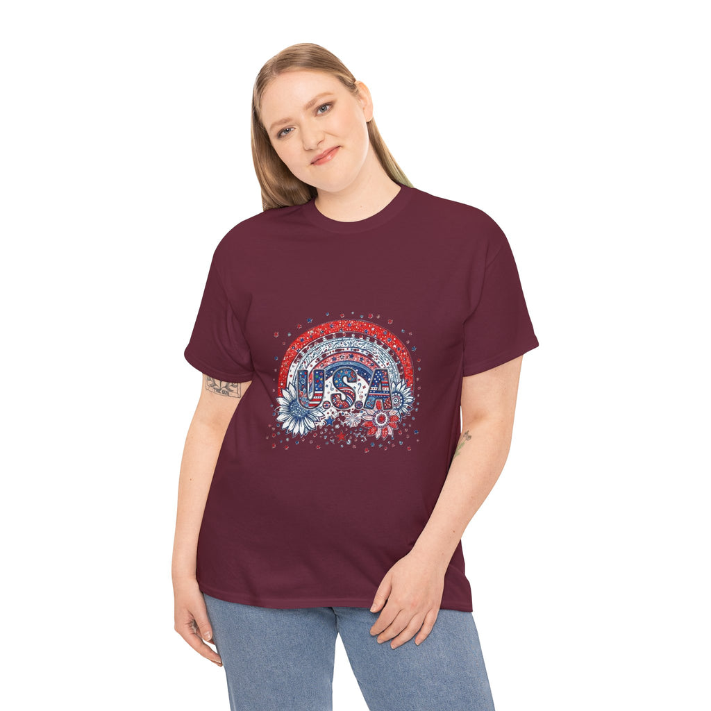 USA Retro Rainbow T-Shirt — Patriotic Fourth of July Tee with Stars & Flowers