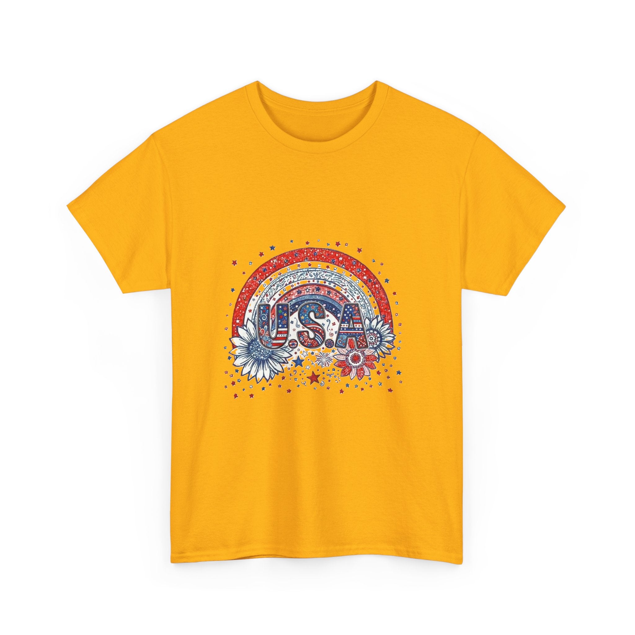 USA Retro Rainbow T-Shirt — Patriotic Fourth of July Tee with Stars & Flowers
