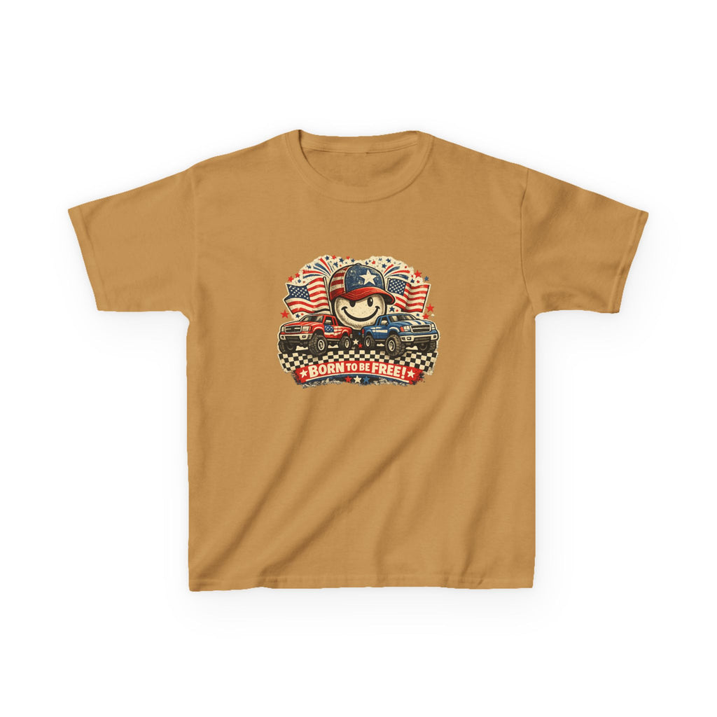 Kids Tee — Patriotic "Born to Be Free" Smiley Flag Design