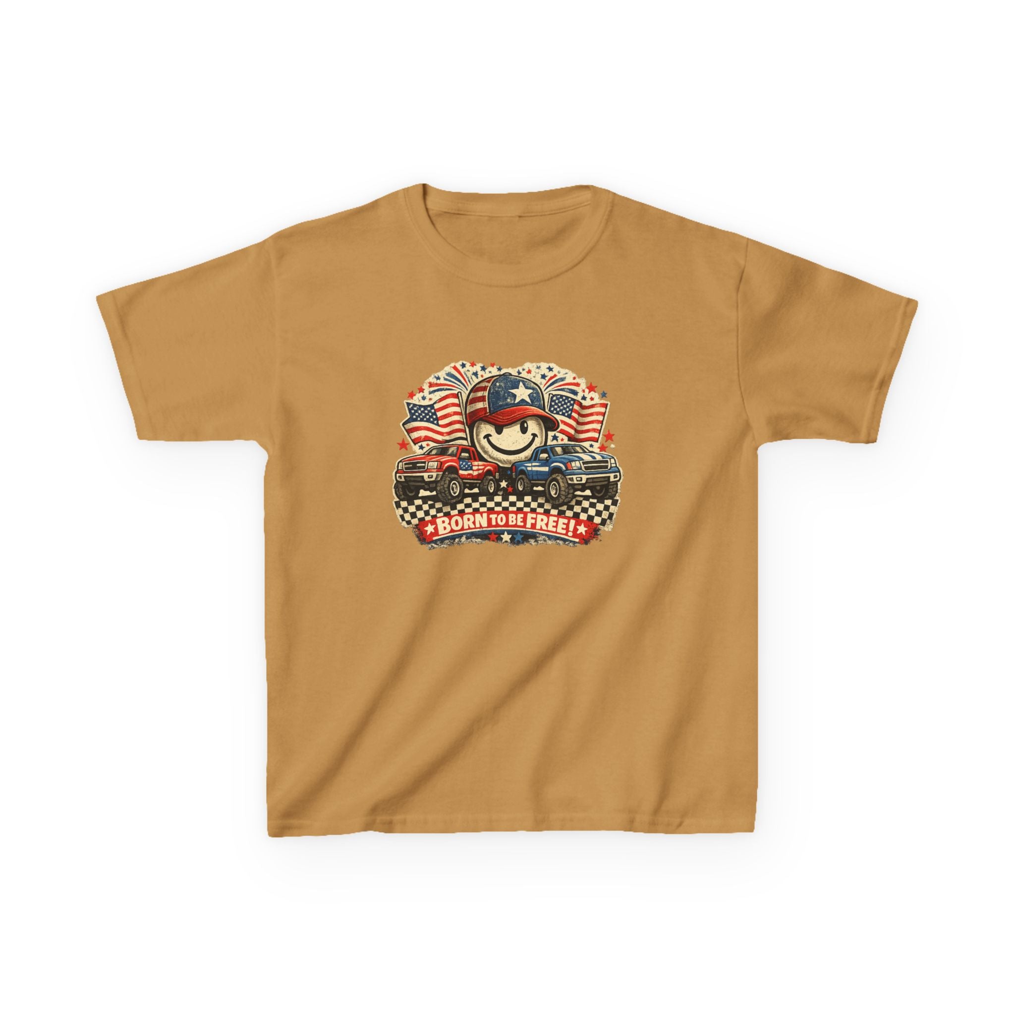 Kids Tee — Patriotic "Born to Be Free" Smiley Flag Design