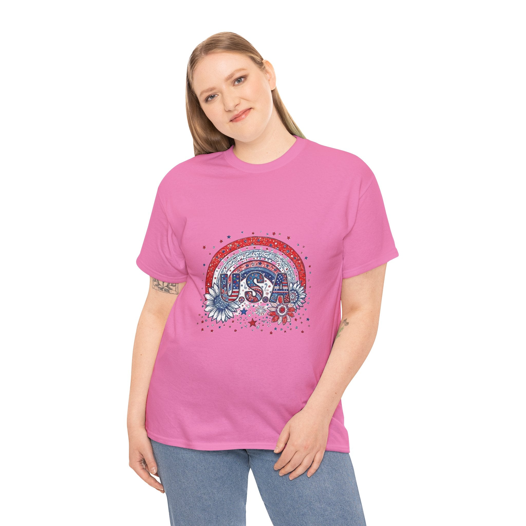 USA Retro Rainbow T-Shirt — Patriotic Fourth of July Tee with Stars & Flowers