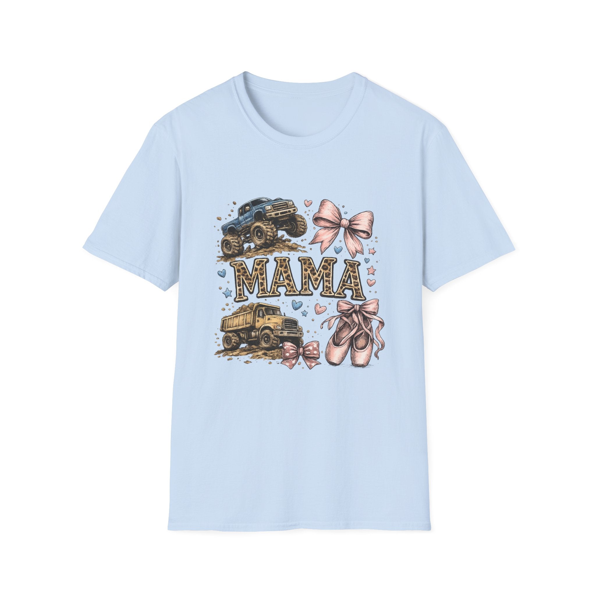 Mama Jeep & Ballet Shoes T-Shirt — 'MAMA' Graphic Tee with Trucks, Bows & Ballet Slippers