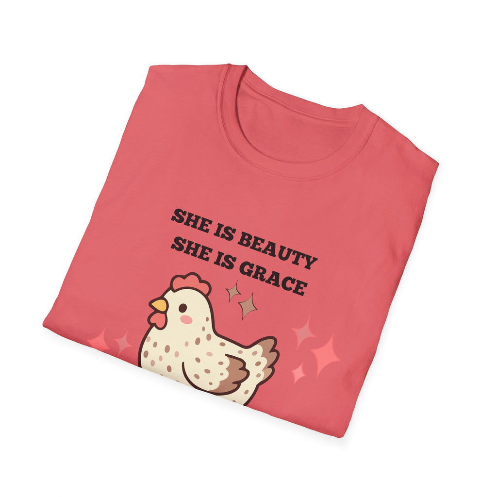 Chicken Tee — "She Is Beauty, She Is Grace, She Will Pech You in the Face" Funny Farm Animal T-Shirt