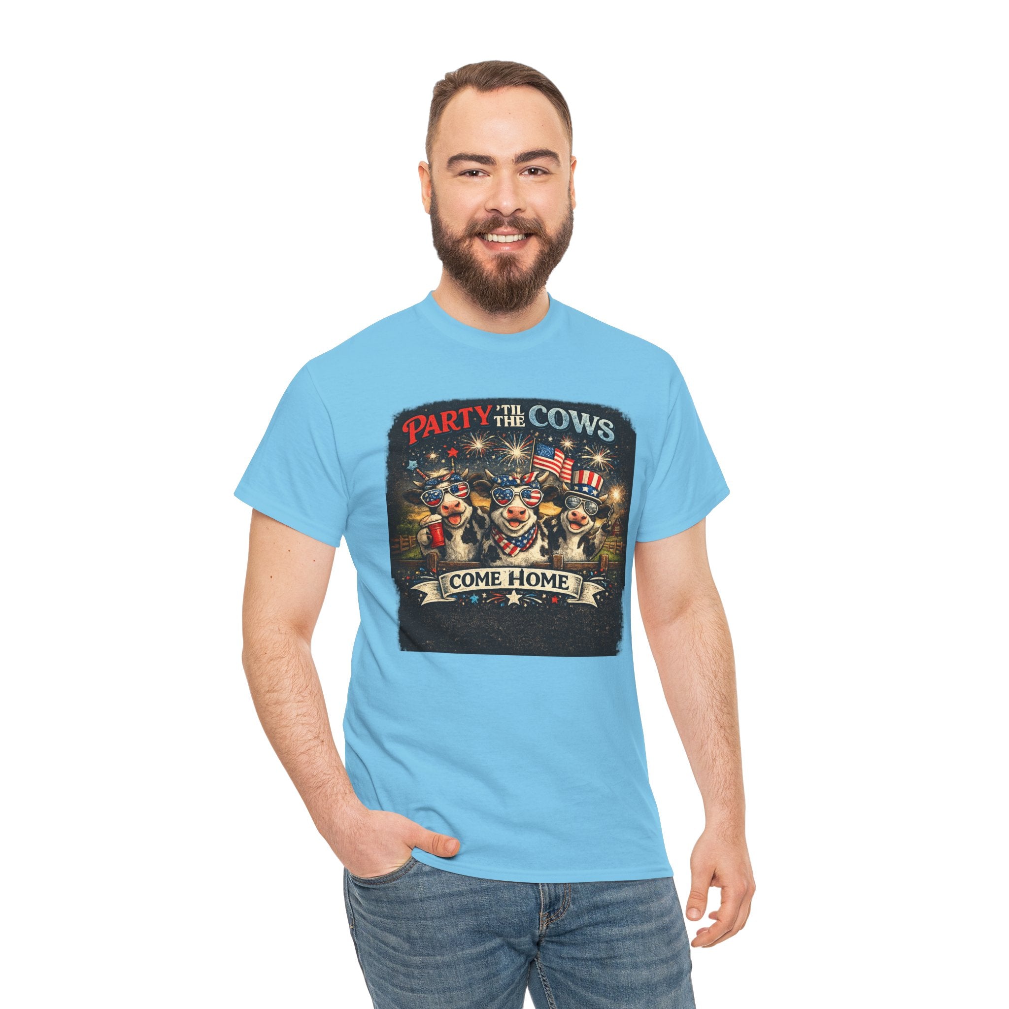 Independence Day 'Party 'Til the Cows Come Home' T-Shirt — Fireworks & Cow Graphic