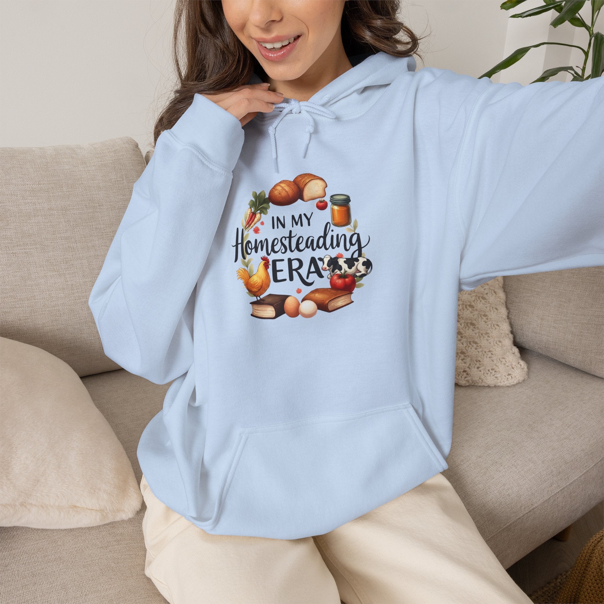 Homesteading Era Hoodie — "In My Homesteading Era" Canned Food, Chicken & Cow Design