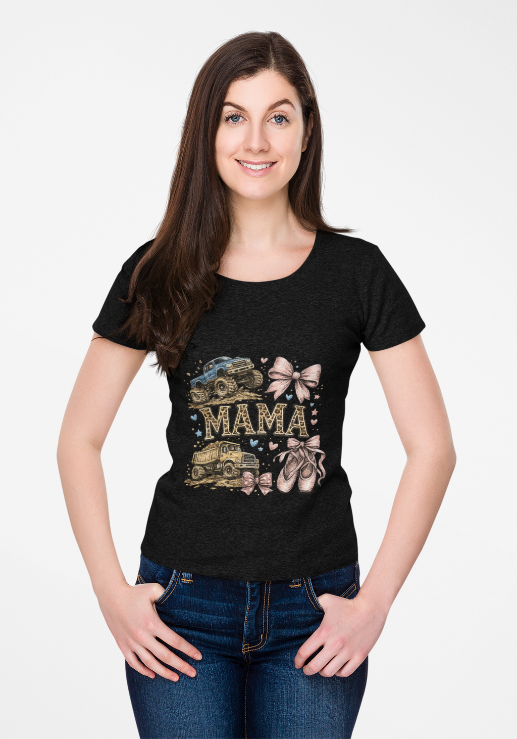 Mama Jeep & Ballet Shoes T-Shirt — 'MAMA' Graphic Tee with Trucks, Bows & Ballet Slippers